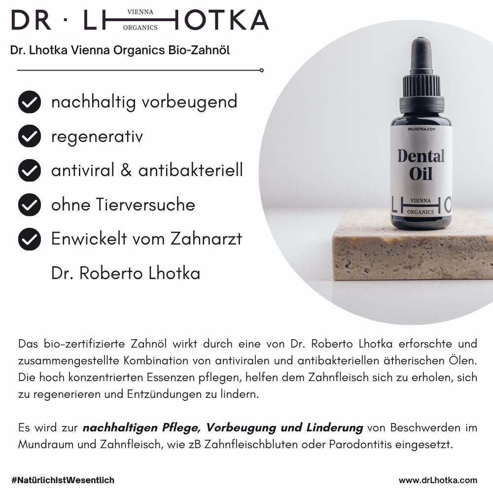 Dental Oil-Flasche auf Podest. Text: nachhaltig, antiviral, ohne Tierversuche. Dr. Lhotka Vienna Organics.