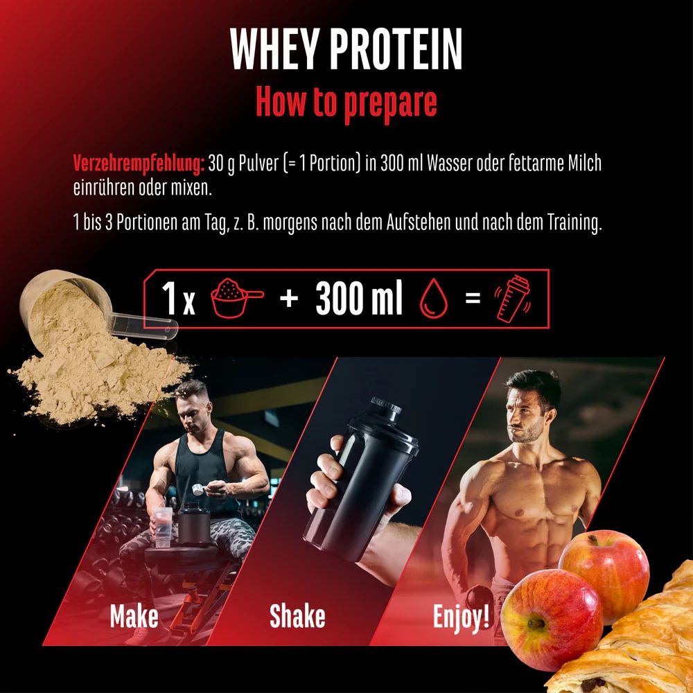 GEN Whey Protein Komplex. Zubereitung: 30g Pulver in 300ml Wasser oder Milch mischen. 1x Pulver + 300ml = Shake. Apfelstrudel-Geschmack.