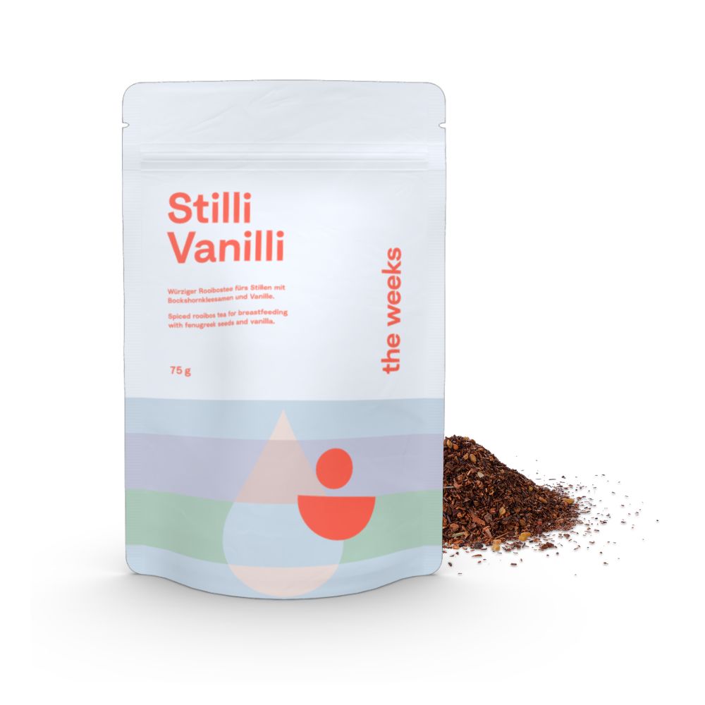 Beutel "Stilli Vanilli" mit Text und Logo "the weeks". Daneben Haufen Kräutertee.