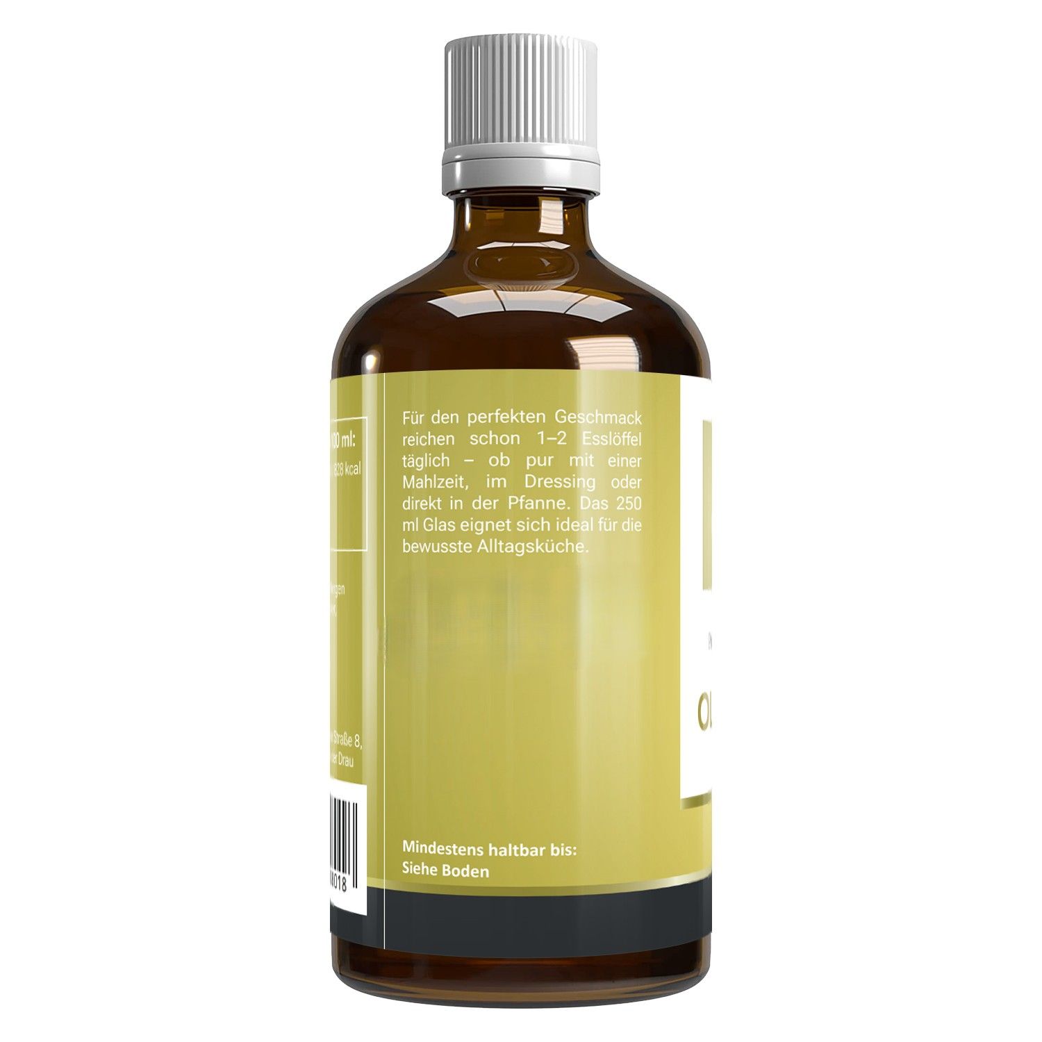Rückseite einer Olivenölflasche. Text: Anwendung, Mindestens haltbar bis: Siehe Boden. Barcode.
