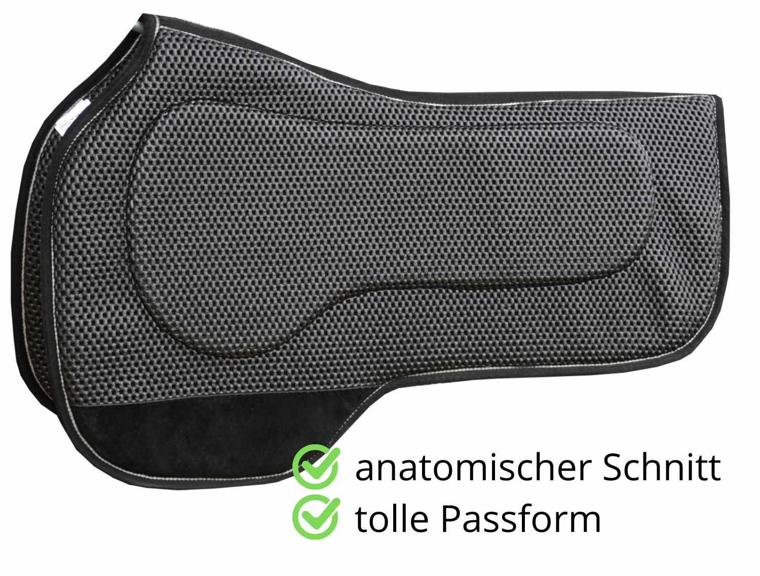 Grauer Westernpad mit anatomischem Schnitt und guter Passform. Schwarzer Lederbesatz. Text: AMKA Qualität.