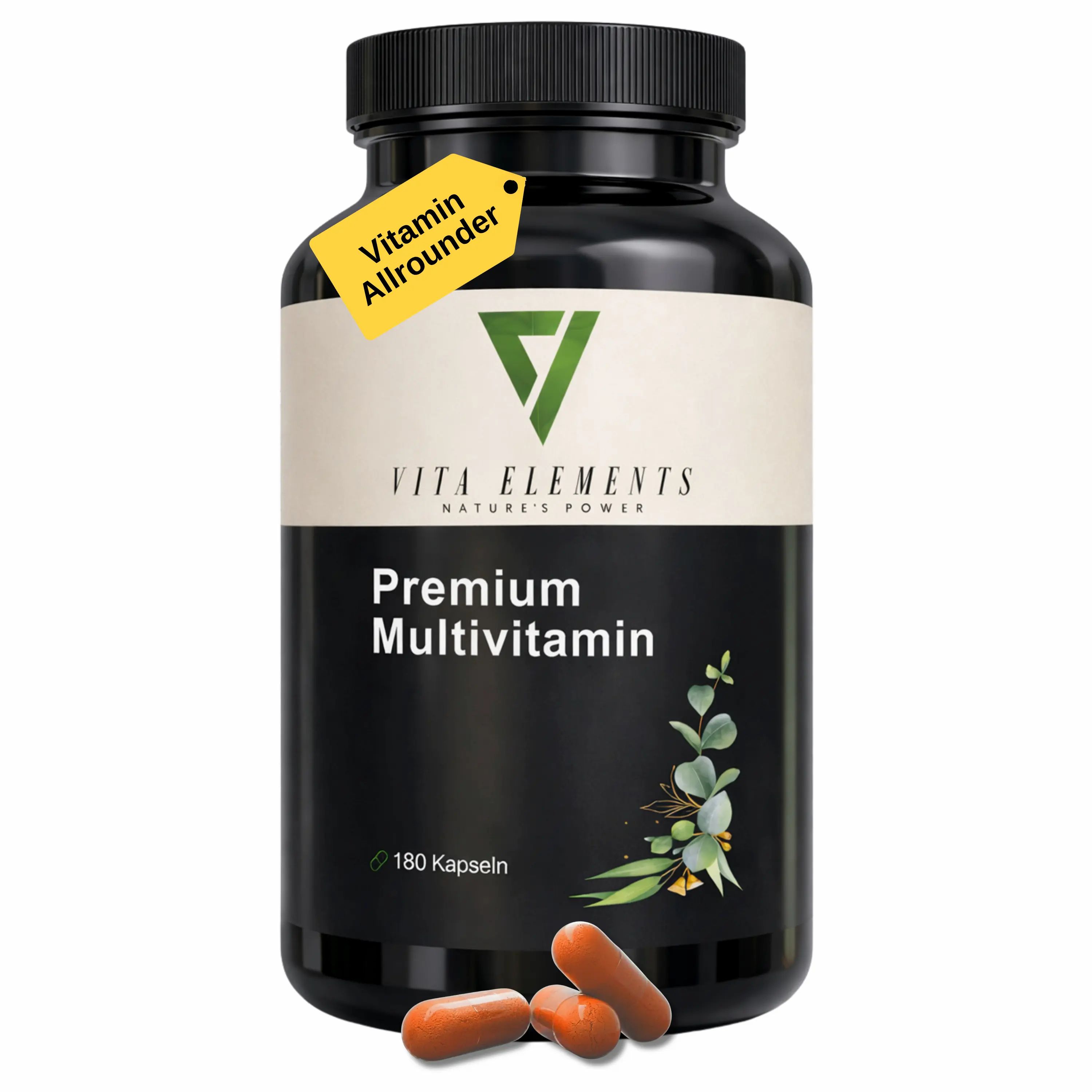 Vita Elements Premium Multivitamin Kapseln in dunkler Dose mit gelbem Anhänger "Vitamin Allrounder".