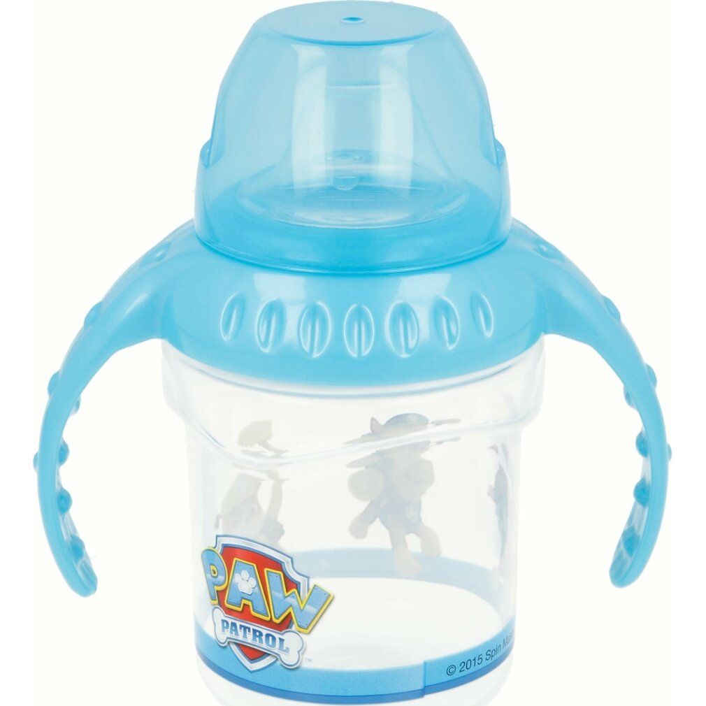 Blauer Becher mit Ohren und Silikonmundstück. Paw Patrol-Logo und Figuren. Transparenter Becher mit blauem Deckel und Griffen.