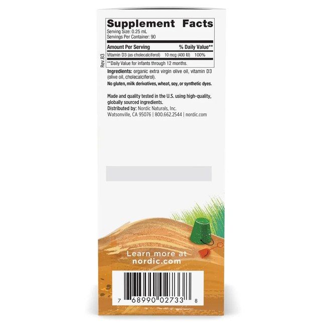 Rückseite einer Flasche mit Vitamin D3 für Babys. Enthält Nährwertangaben und Inhaltsstoffe.