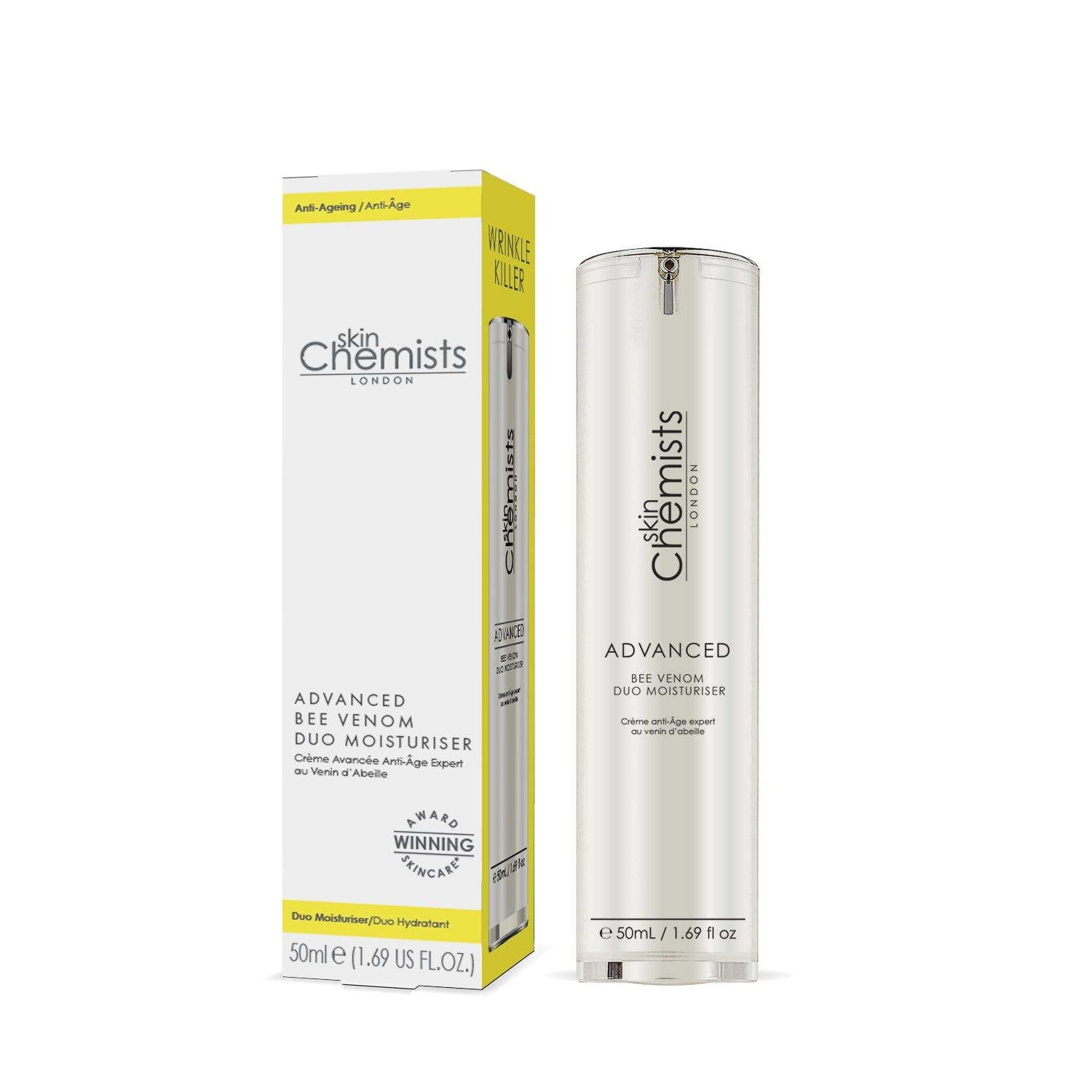 Gelbe Schachtel und weiße Flasche. Auf der Schachtel steht "skinChemists London" und "ADVANCED Bee Venom Duo Moisturiser". Die Flasche trägt ebenfalls diese Aufschrift.