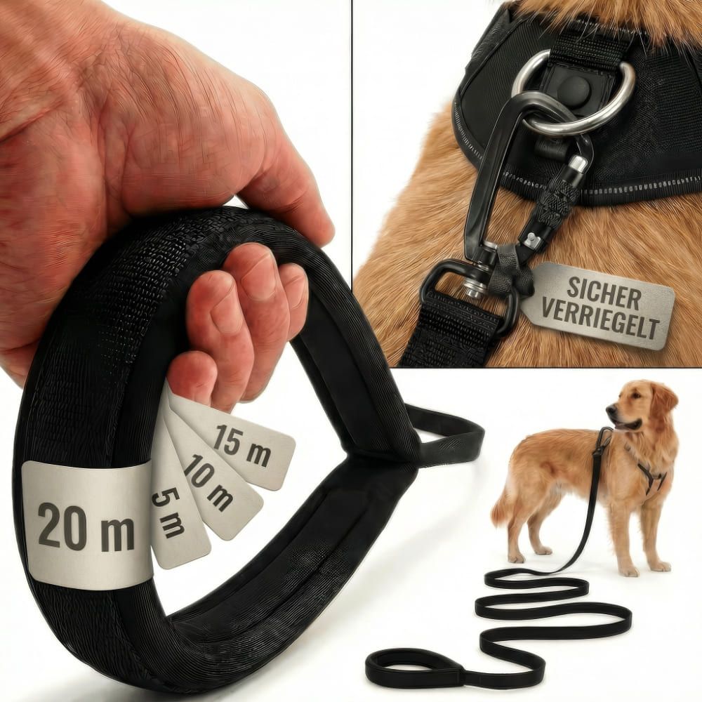Schwarze Hunde-Schleppleine mit gepolsterter Handschlaufe. Länge: 20m. Sicherheitskarabiner. Größenangaben: 5m, 10m, 15m. Hund mit Leine.