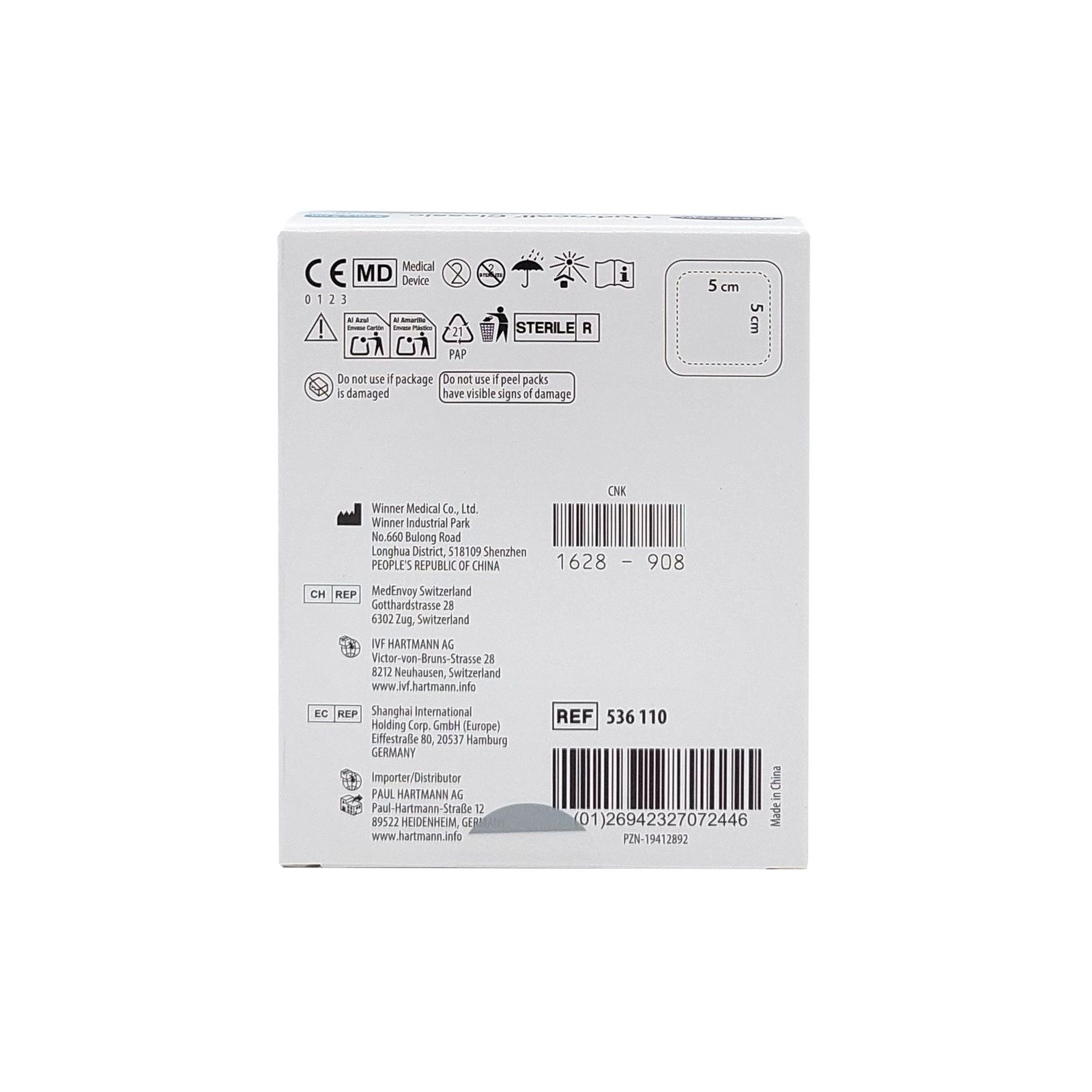 Rückseite der Hydrocoll Classic Verpackung. Produktinformationen, Herstelleradresse, Chargennummer, CE-Kennzeichnung, Steril-Symbol.