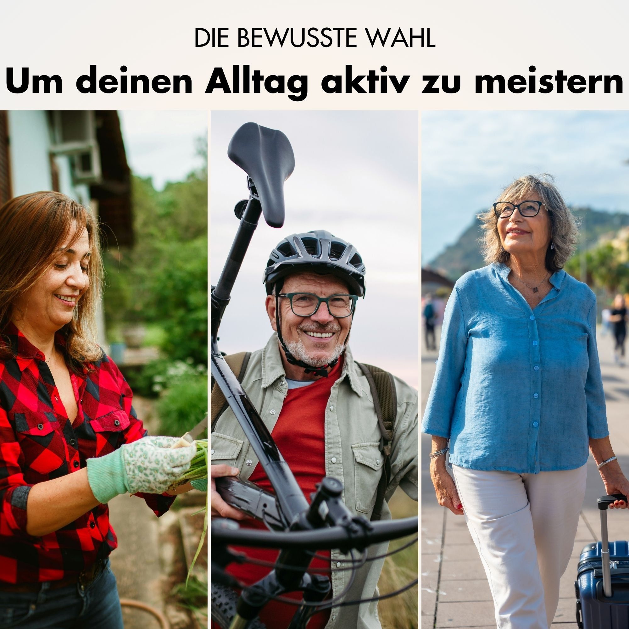 Drei Personen in Alltagssituationen. Frau im Garten, Mann mit Fahrrad, Frau mit Koffer. 