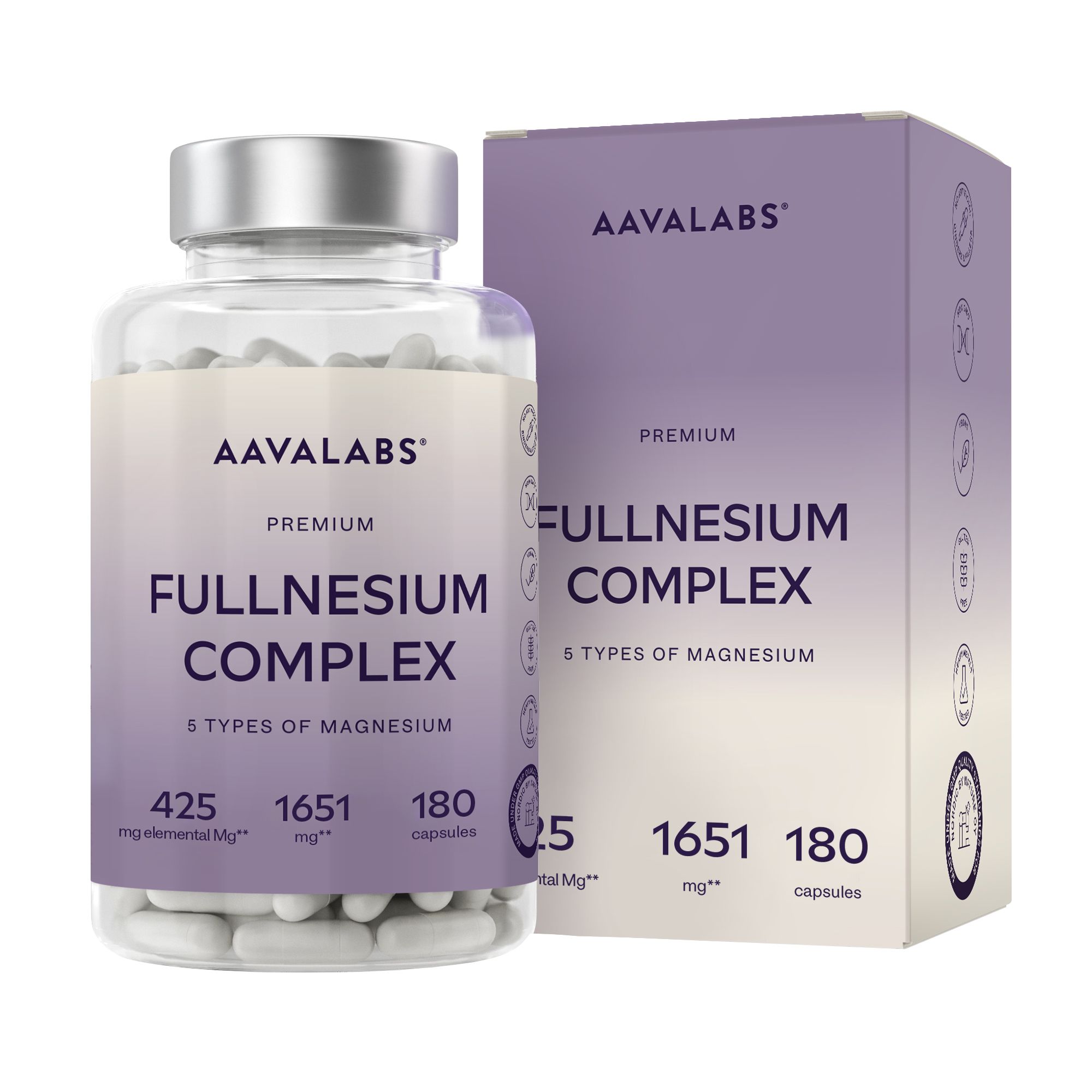 Aavalabs Magnesium Komplex Flasche und Karton. 5 Magnesiumarten, 1651mg.