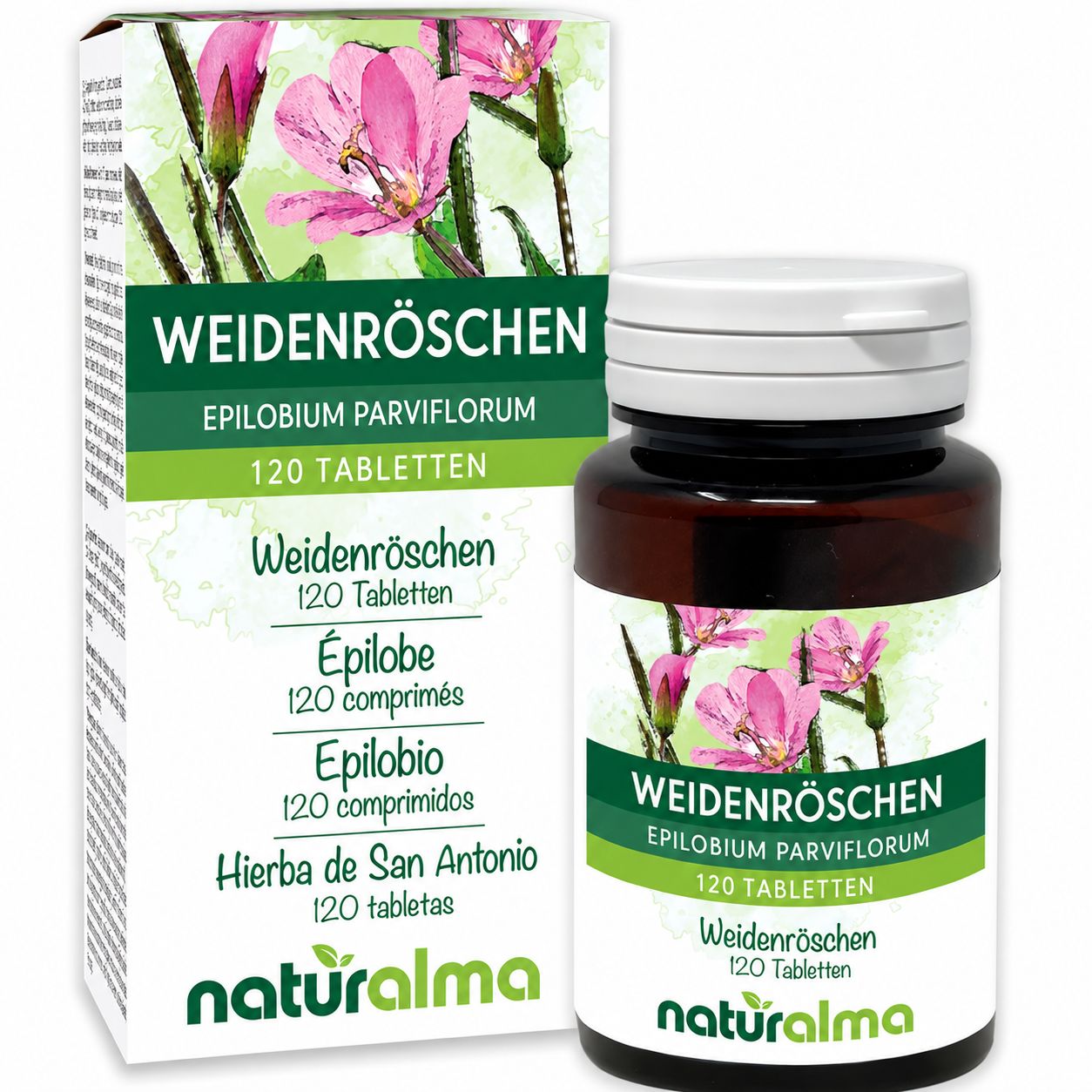 Weidenröschen Tabletten von Naturalma, 120 Stück in Braunglastiegel mit Faltschachtel.