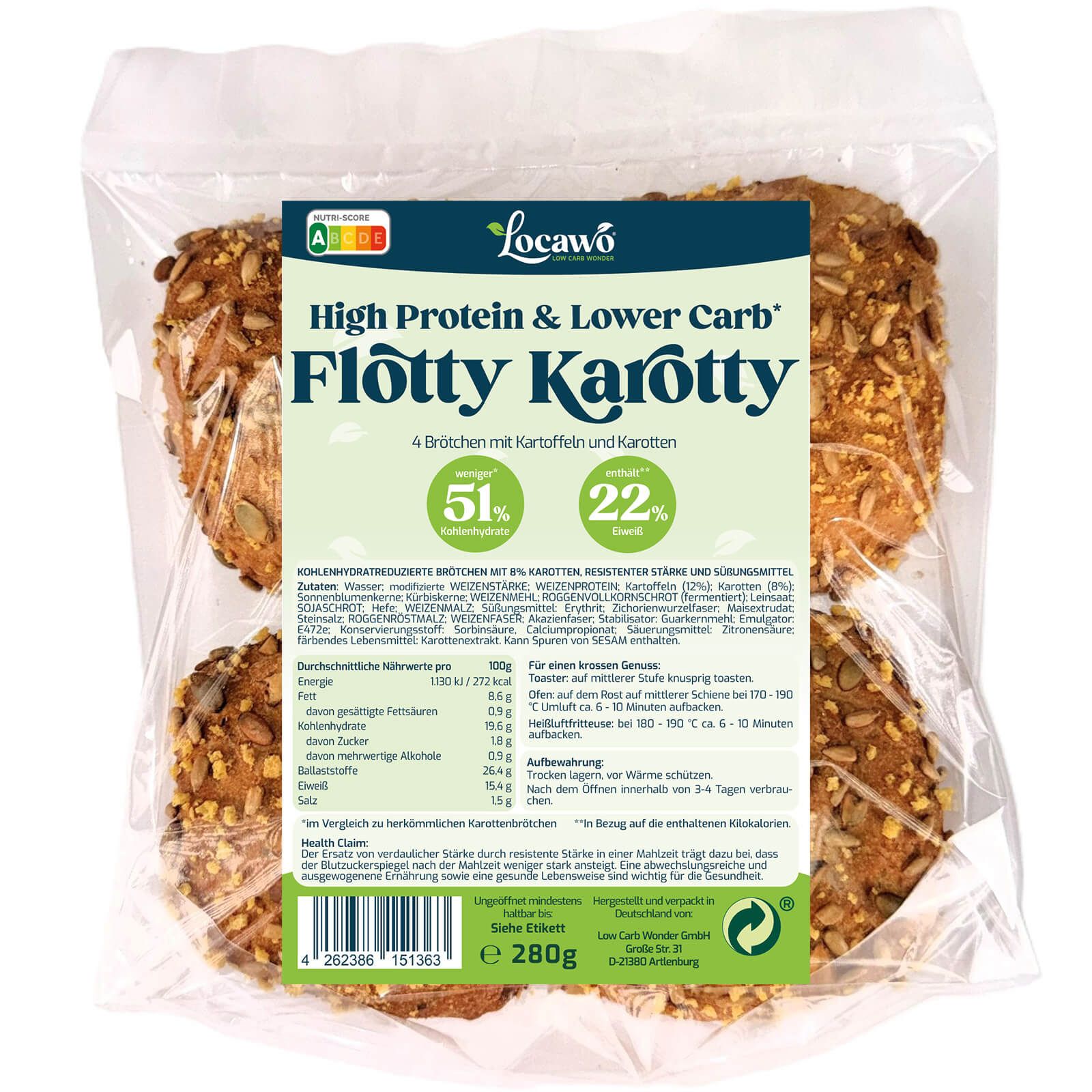 Locawo Flotty Karotty Brötchen: 4 Stück im Beutel, High Protein & Low Carb.