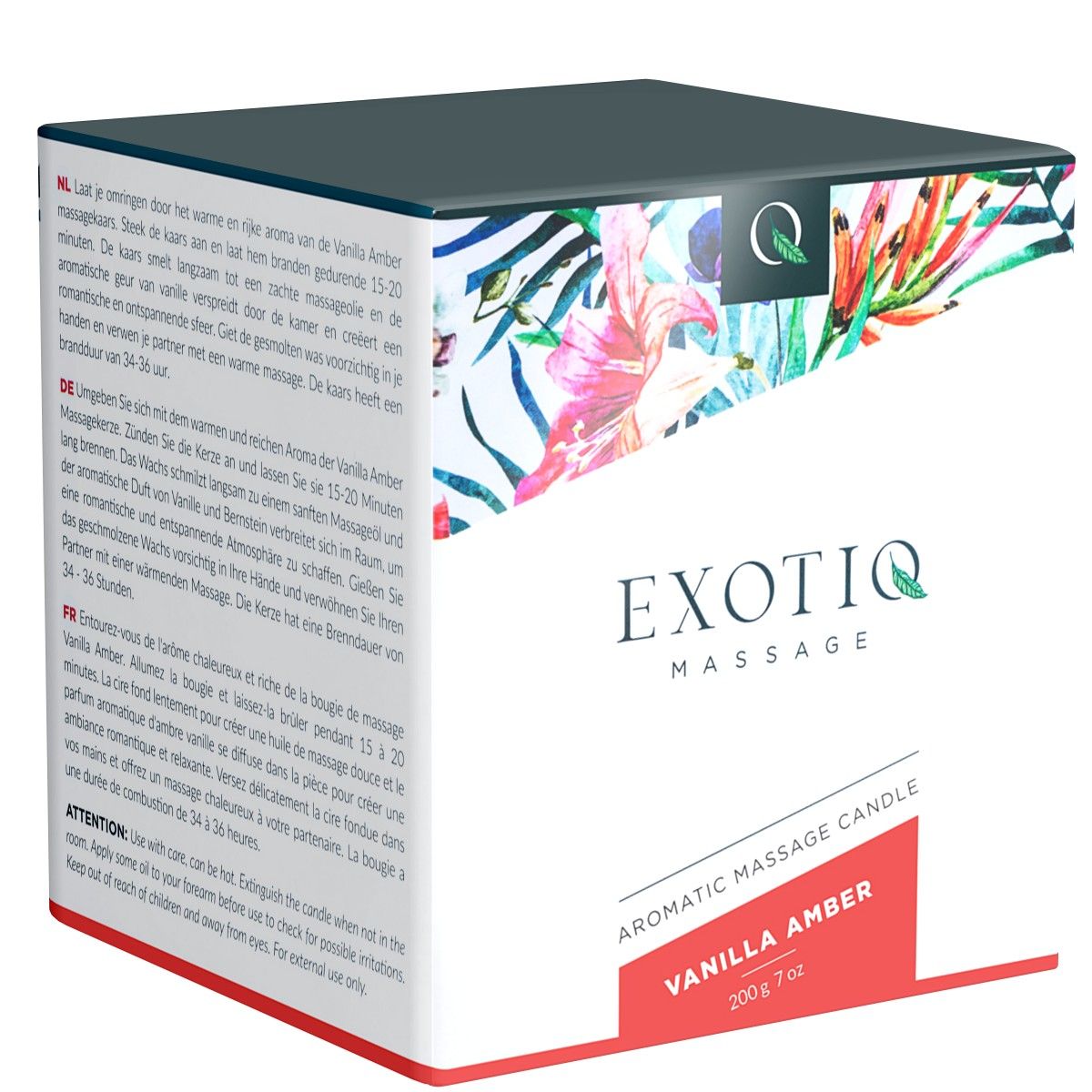 Quadratische Verpackung mit floralem Muster und Text. Enthält eine Massagekerze. Text: Exotiq Massage, Vanilla Amber, 200g 7 oz.