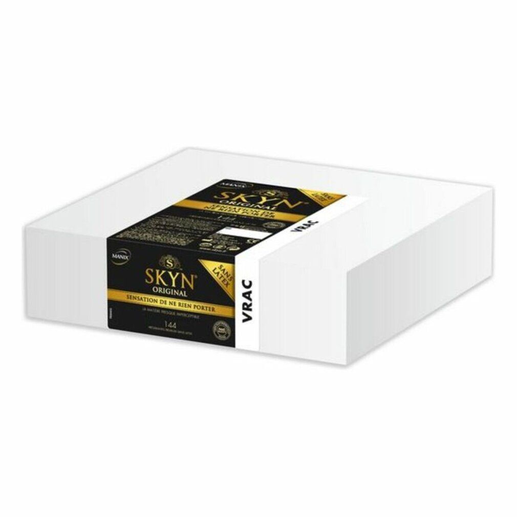 Verpackung SKYN Original. Weiße Box mit schwarzer und goldener Verpackung. "Original", "144" und "VRAC" sind sichtbar.