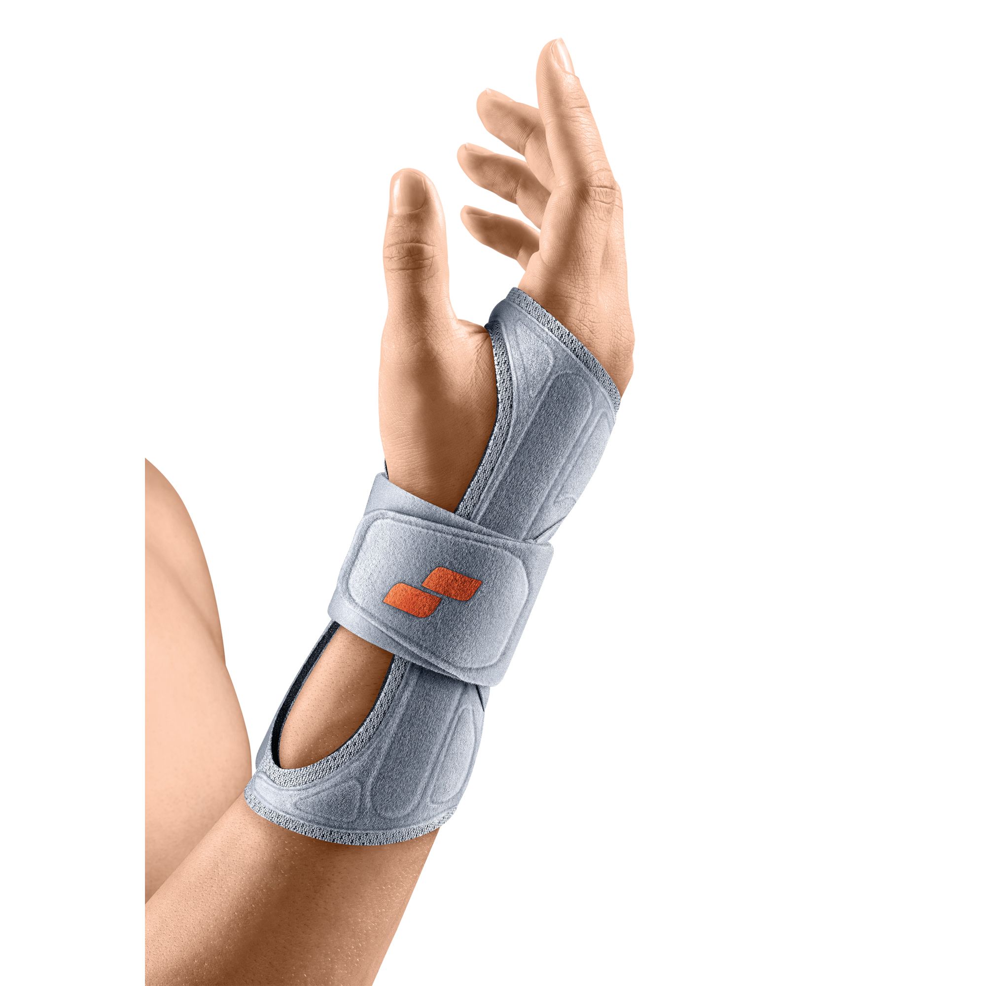 Handgelenkorthese Sporlastic Manu X platinum, grau. Klettverschluss und orangefarbenes Logo. Nahaufnahme.