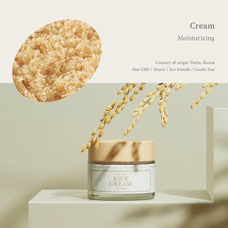 Cremebehälter mit beigem Deckel, Reisähren und Text: „RICE CREAM“ und „I'm from“.