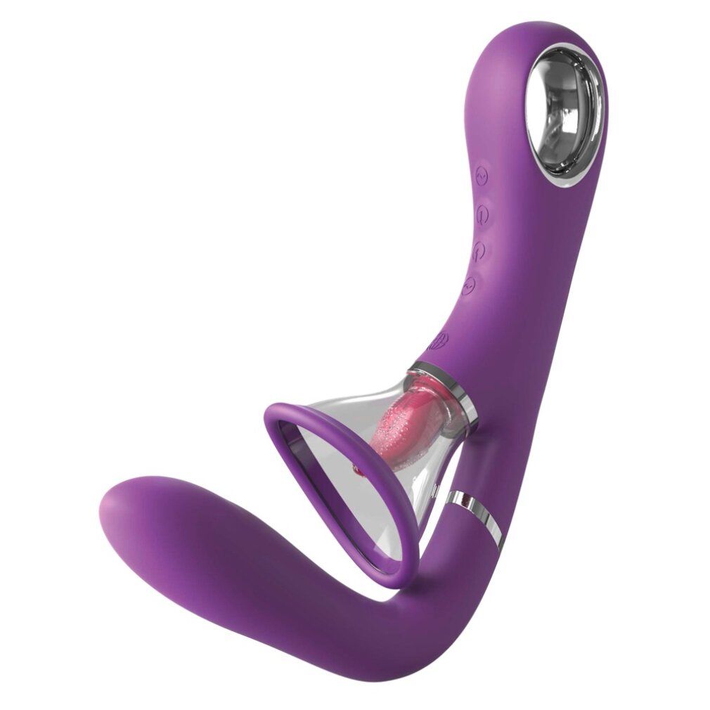 Lila Vibrator mit zwei Saugschalen. Sichtbare Merkmale: gebogene Form, silberne Akzente, transparente Saugschalen mit rosa Elementen.