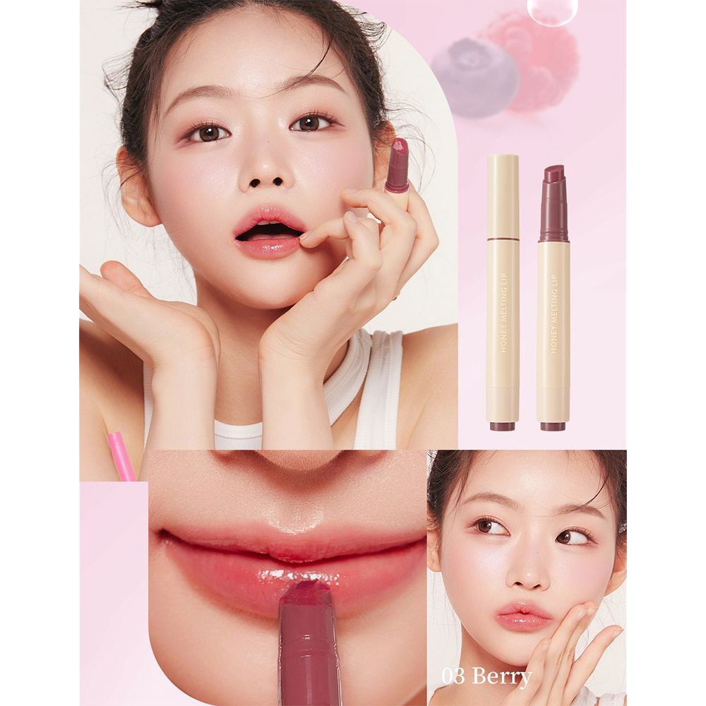 Collage mit Frau, die Lippenstift aufträgt. Zwei Lippenstifte, Nahaufnahme der Lippen. Aufschrift: 03 Berry.
