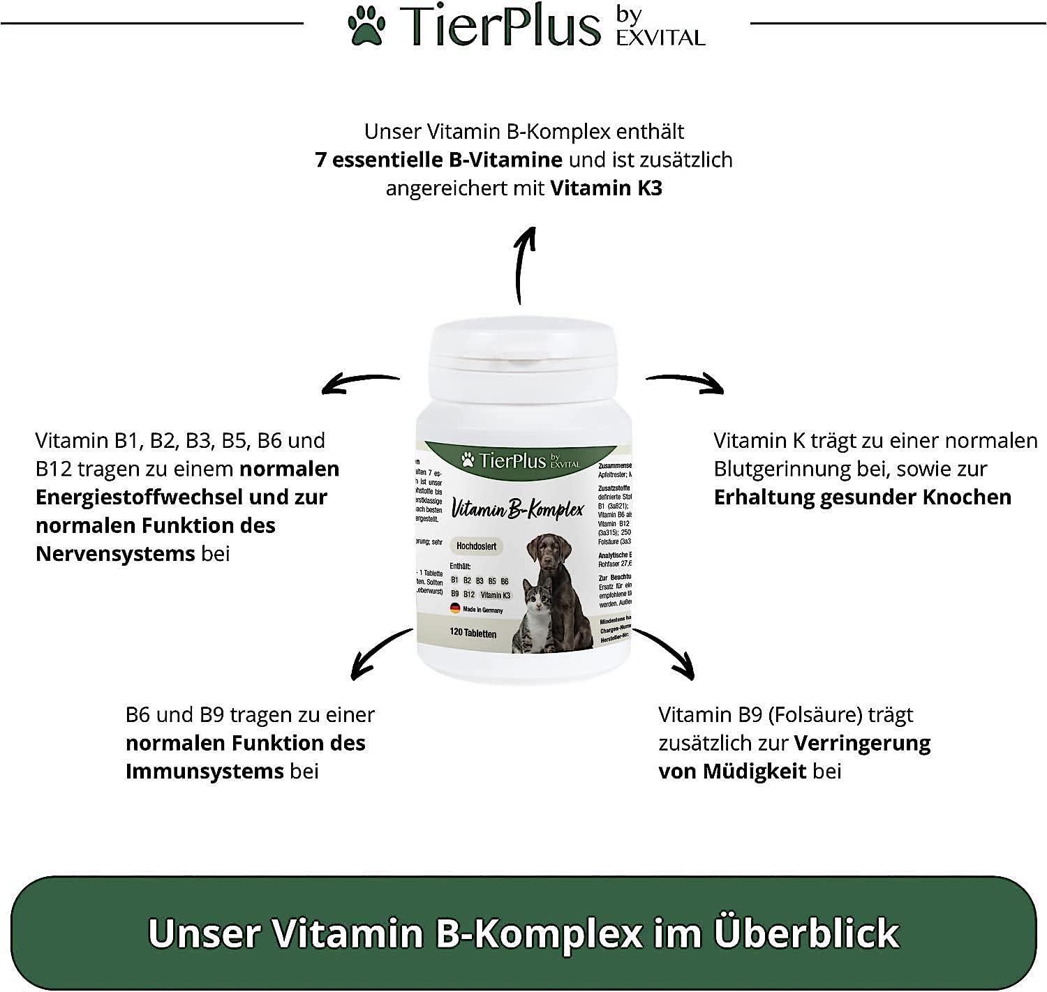 Übersicht der Inhaltsstoffe des EXVital Vitamin B Komplex für Hunde & Katzen.