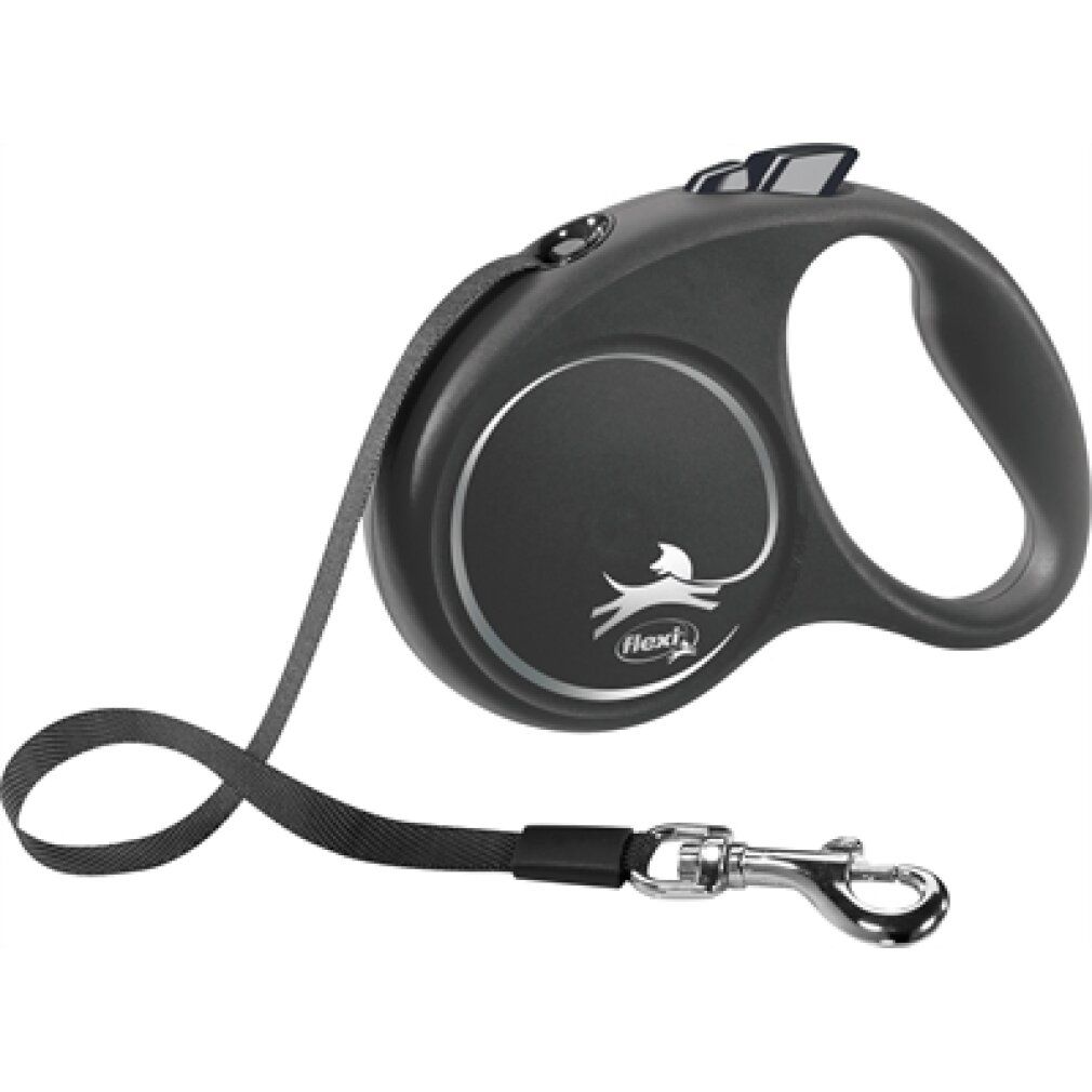Schwarze Flexi Hundeleine mit Band und Metallkarabiner.