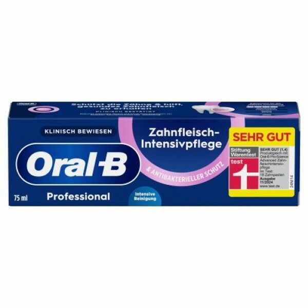 Blau-weiße Verpackung mit Produktnamen und Aufschrift "Zahnfleisch-Intensivpflege". Auszeichnung "SEHR GUT".