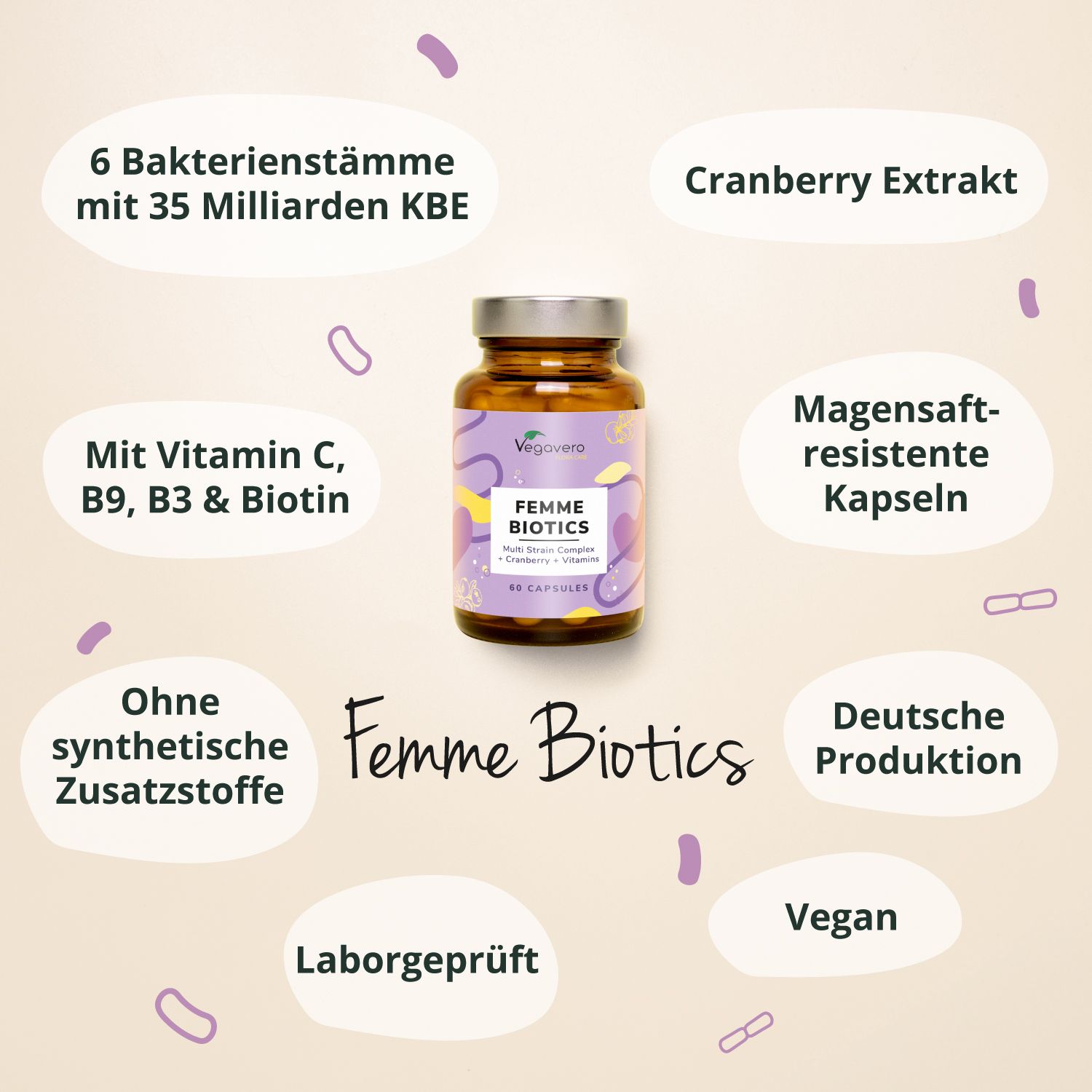 Flasche FEMME BIOTICS mit Text und Icons. Text: 6 Bakterienstämme, Cranberry, Vitamin C, B9, B3, Biotin. Vegan.