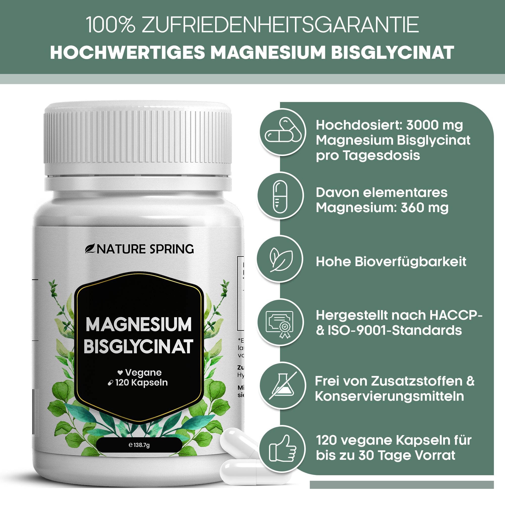 Flasche Magnesium Bisglycinat, 120 vegane Kapseln. Informationen zu Dosierung und Herstellung.