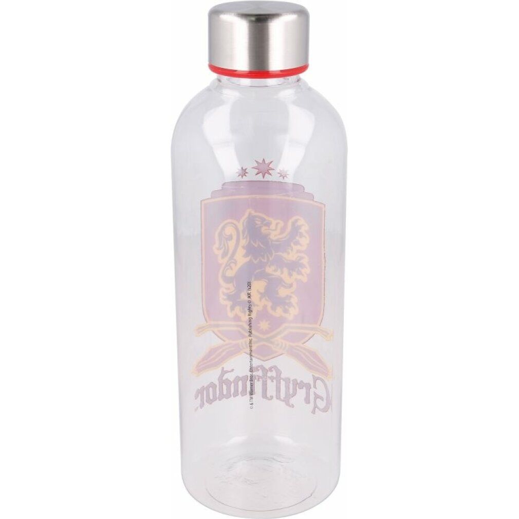 Transparente Trinkflasche mit Gryffindor-Wappen. Silberner Deckel, roter Rand. Wappen mit Löwe und Schriftzug, leicht verblasst.