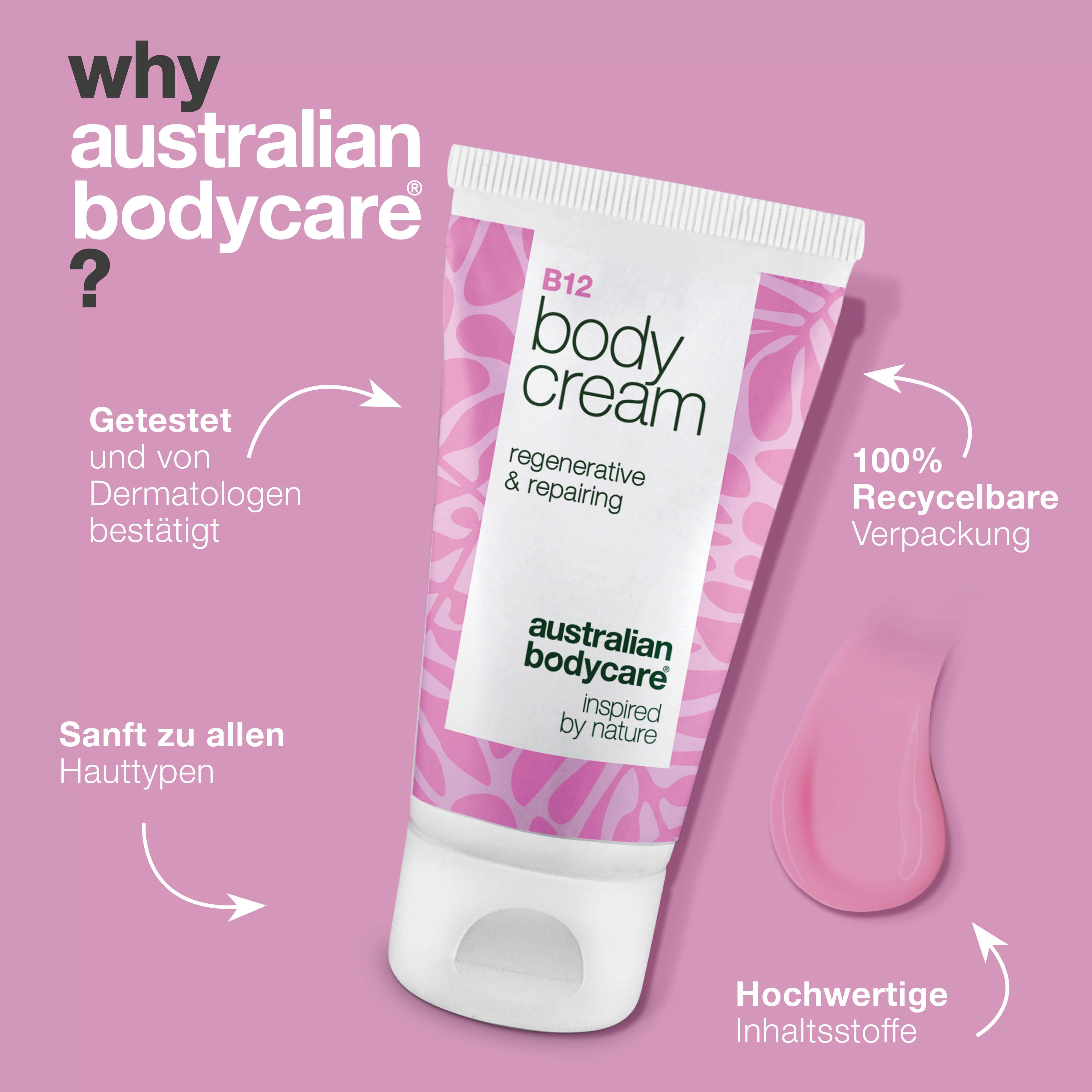 Körpercreme B12. Text: Australian Bodycare, Body Cream, regenerative & repairing. Rosa Tropfen. Text: Getest, recycelbar, hochwertige Inhaltsstoffe.