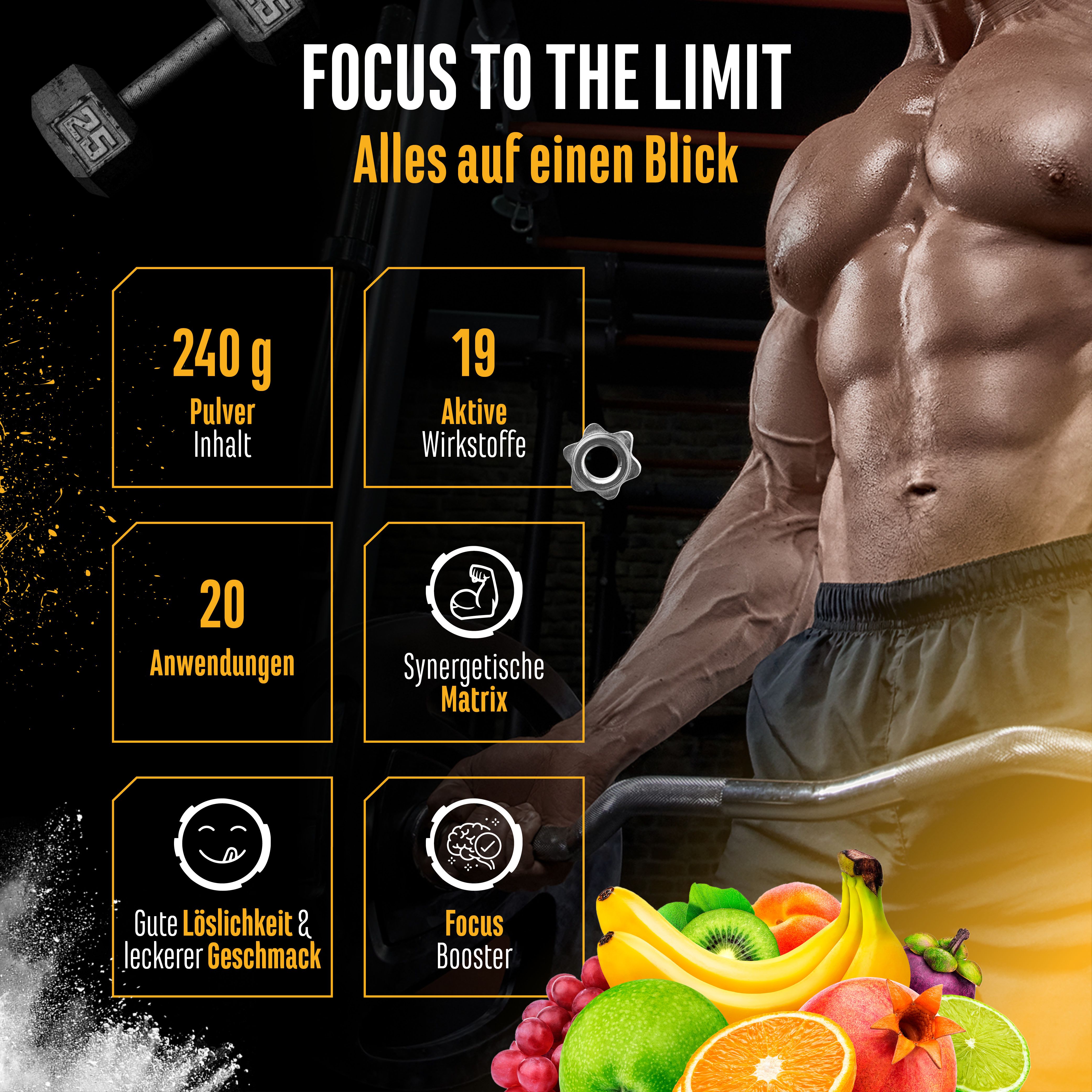 Infografik: Focus to the Limit. 240g Inhalt, 19 aktive Wirkstoffe, 20 Anwendungen. Gute Löslichkeit & leckerer Geschmack.