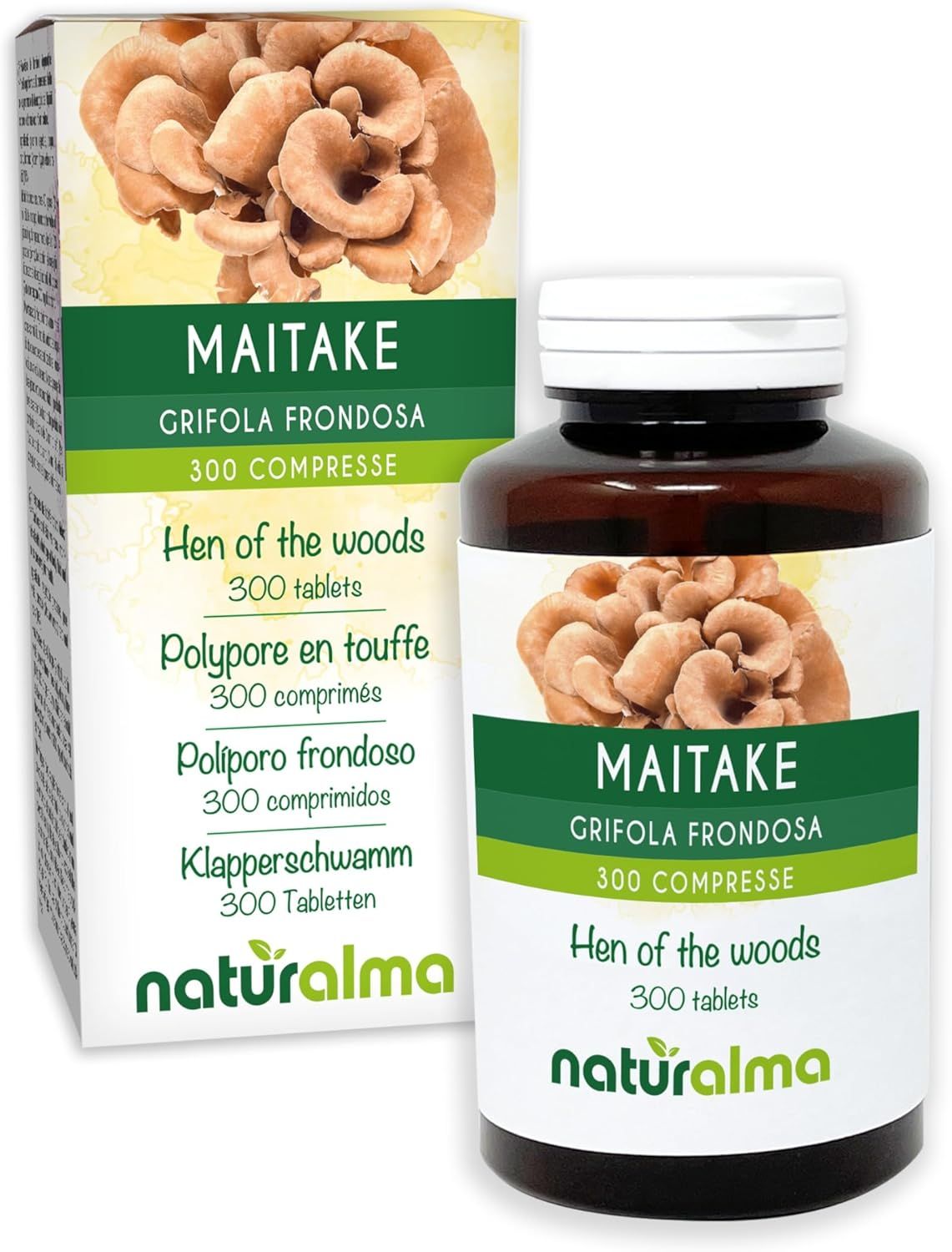 Naturalma Maitake Tabletten. Braune Flasche und Schachtel. Text: Maitake, 300 Tabletten.