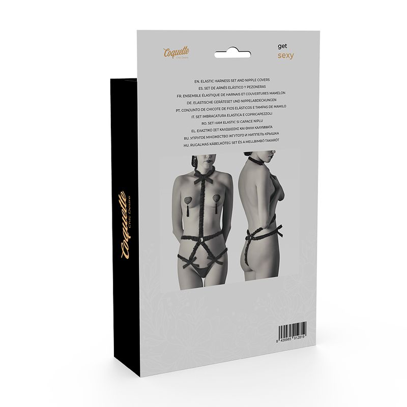 Verpackung des Dessous-Sets mit Deluxe-Nippelabdeckungen. Produktname und Produktabbildung auf der Verpackung.