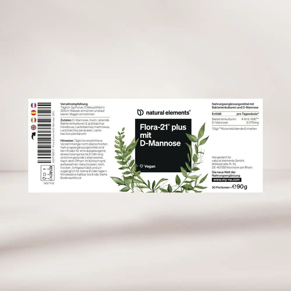 Weiße Verpackung mit Aufschrift: Flora-21 plus mit D-Mannose. Enthält Informationen zu Inhaltsstoffen und Dosierung. Vegan-Siegel.