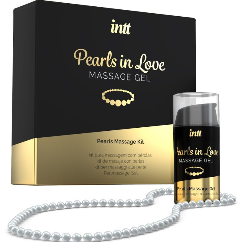 Schwarze Box, Flasche und Perlenkette. Aufschrift: intt, Pearls in Love Massage Gel. Untertitel: Pearls Massage Kit.
