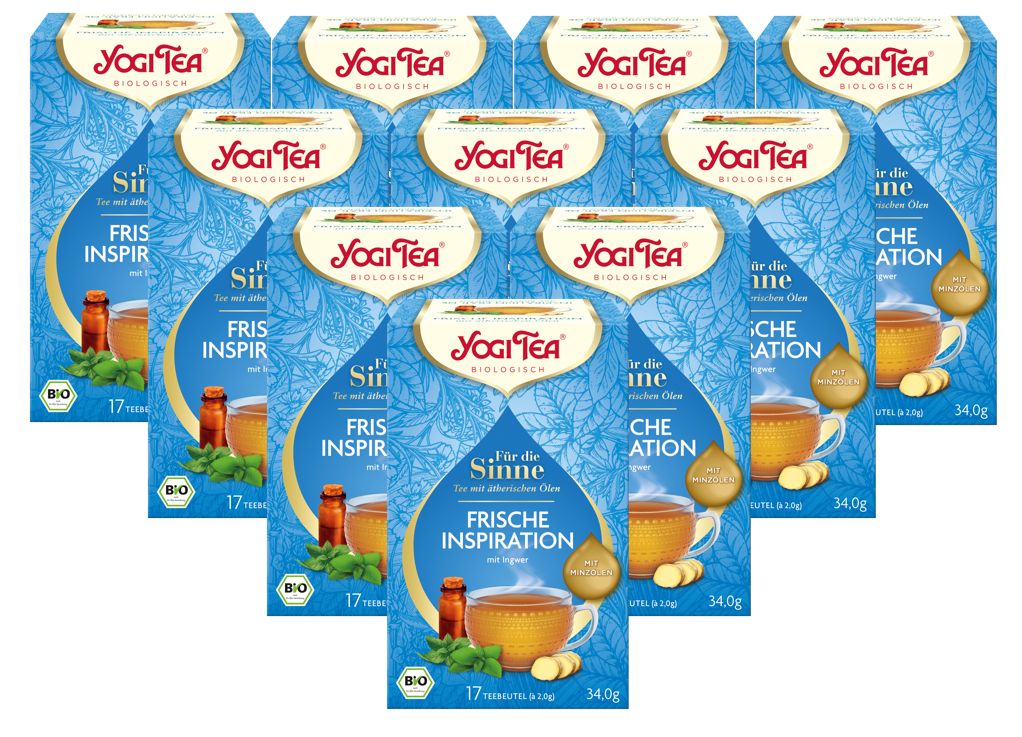 Mehrere Packungen Yogi Tea Bio-Kräutertee. Blaue Verpackung mit Logo, Produktname und Illustrationen. 17 Beutel pro Packung.