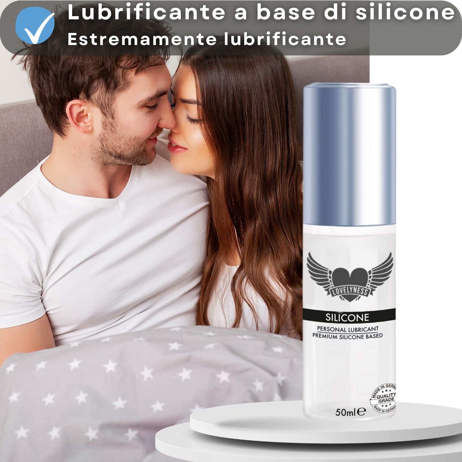 Gleitgel auf Wasserbasis. Flasche mit Produktinformationen. Text: SILICONE, 50ml. Mit Wärme-Effekt.