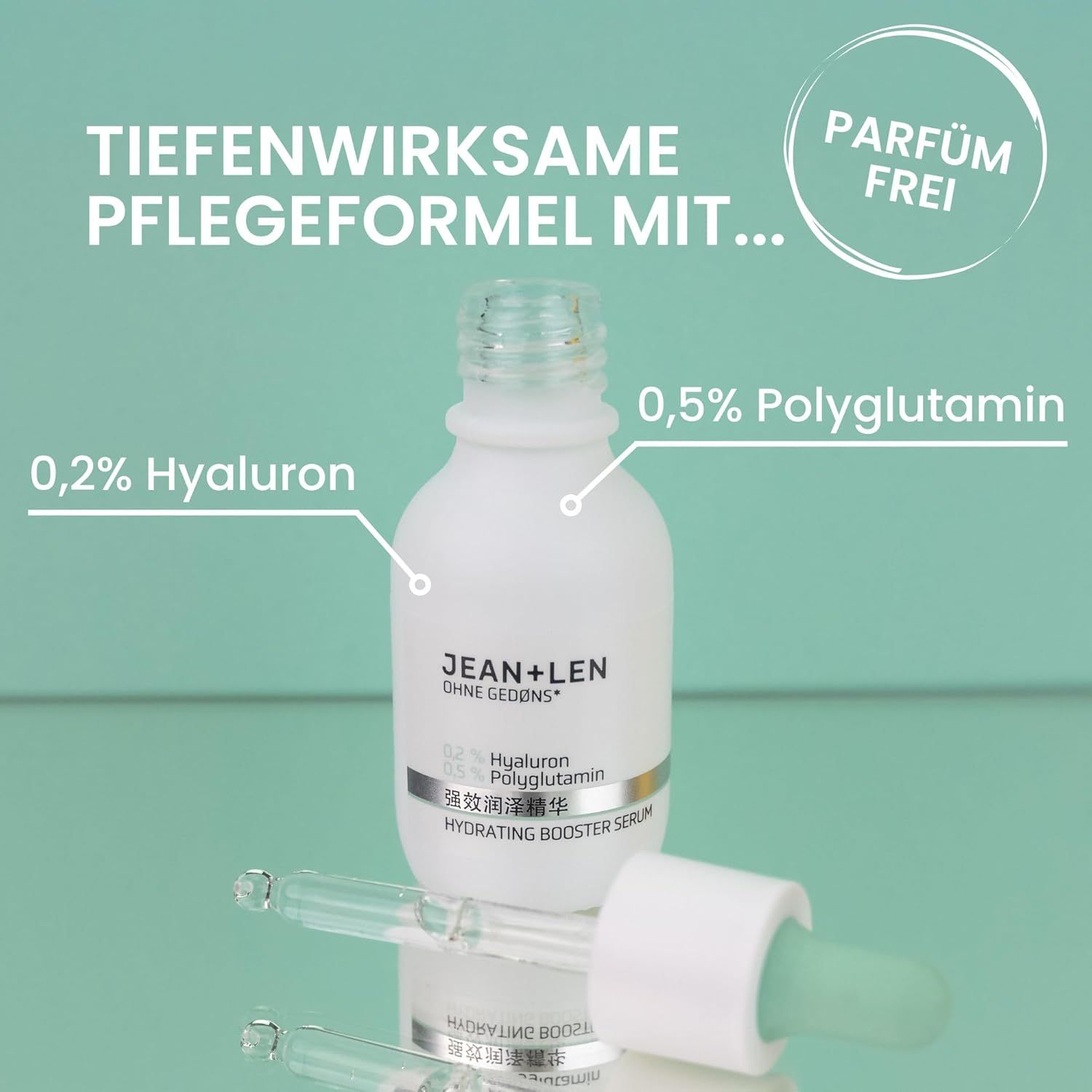 Weiße Flasche mit Serum und Pipette. Beschriftung: Jean & Len Hydrating Booster Serum. Enthält Hyaluron und Polyglutamin. „Parfümfrei“.