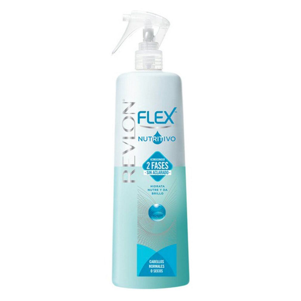 Hellblau-weiße Sprühflasche mit "Revlon Flex"-Logo und "2 Fases"-Aufdruck. Für normales und trockenes Haar.