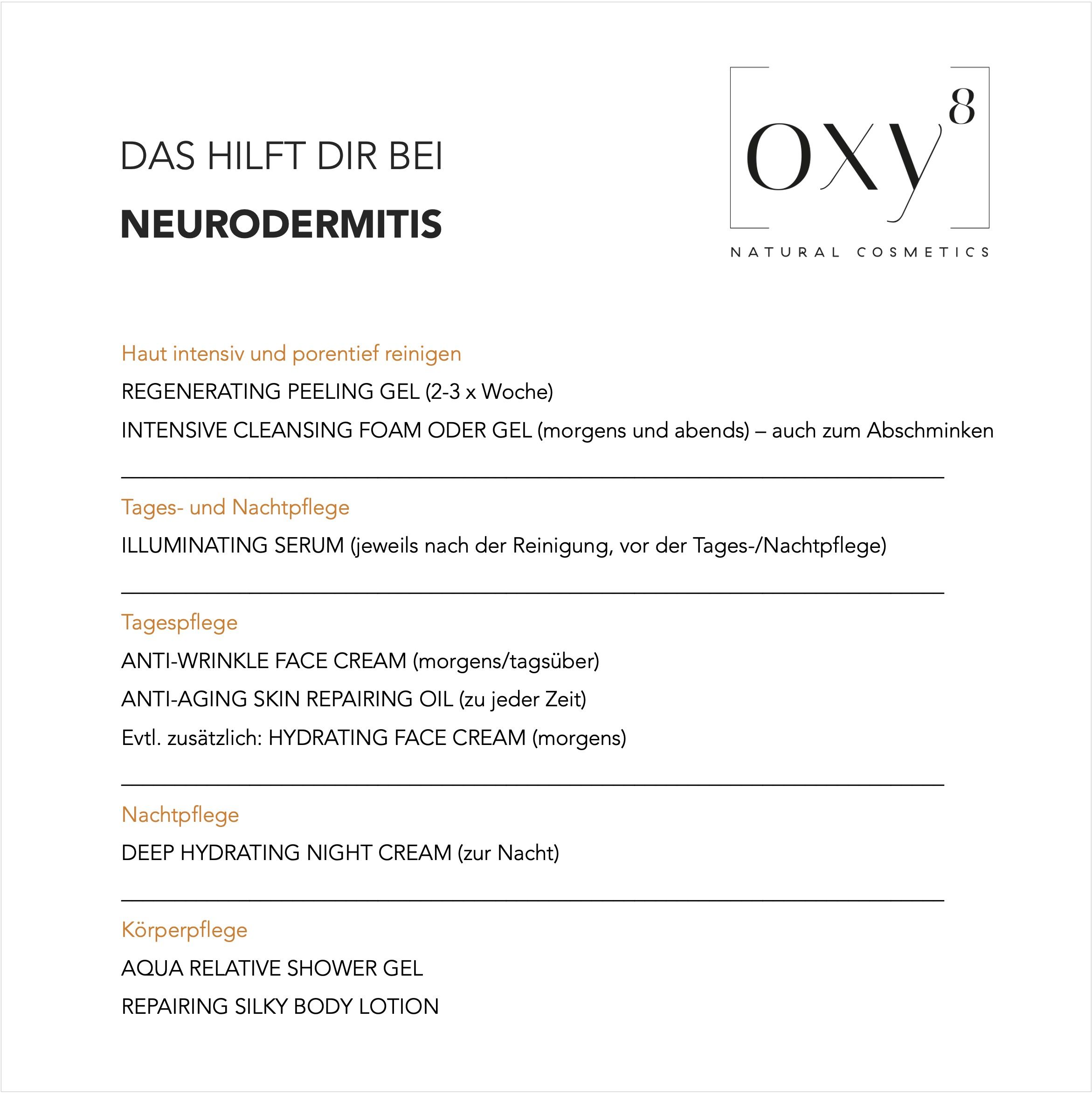 Text mit Produktnamen oxy8 Naturkosmetik, Auflistung von Produkten zur Neurodermitis-Pflege. Enthält Regenerating Peeling Gel, etc.