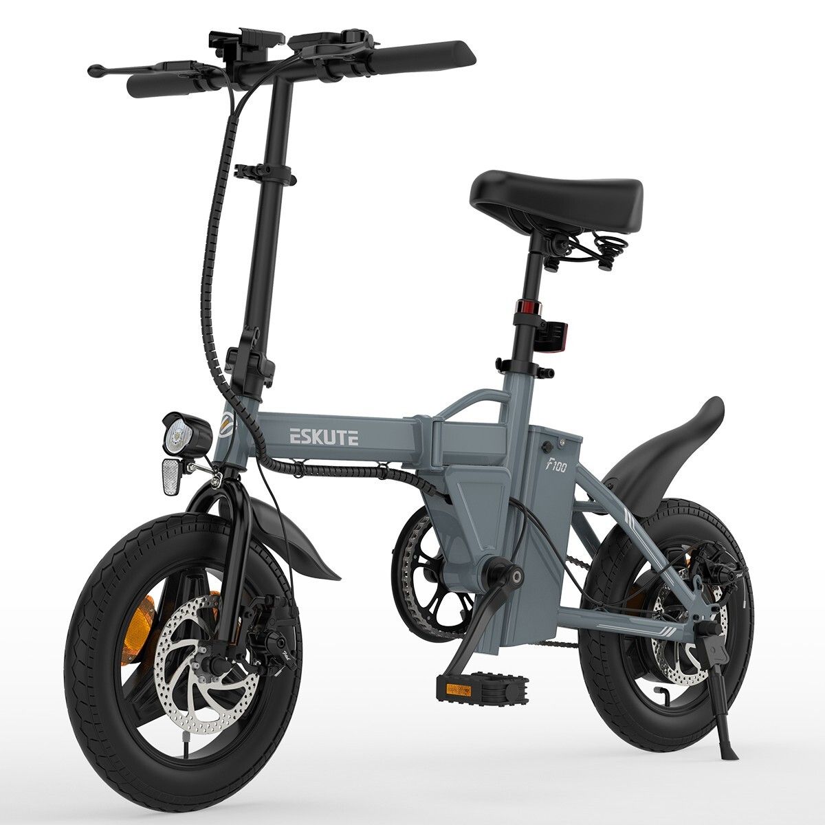 Graues, zusammenklappbares E-Bike. Schwarze Reifen, Sattel und Lenker. Marke ESKUTE, Modell F100.