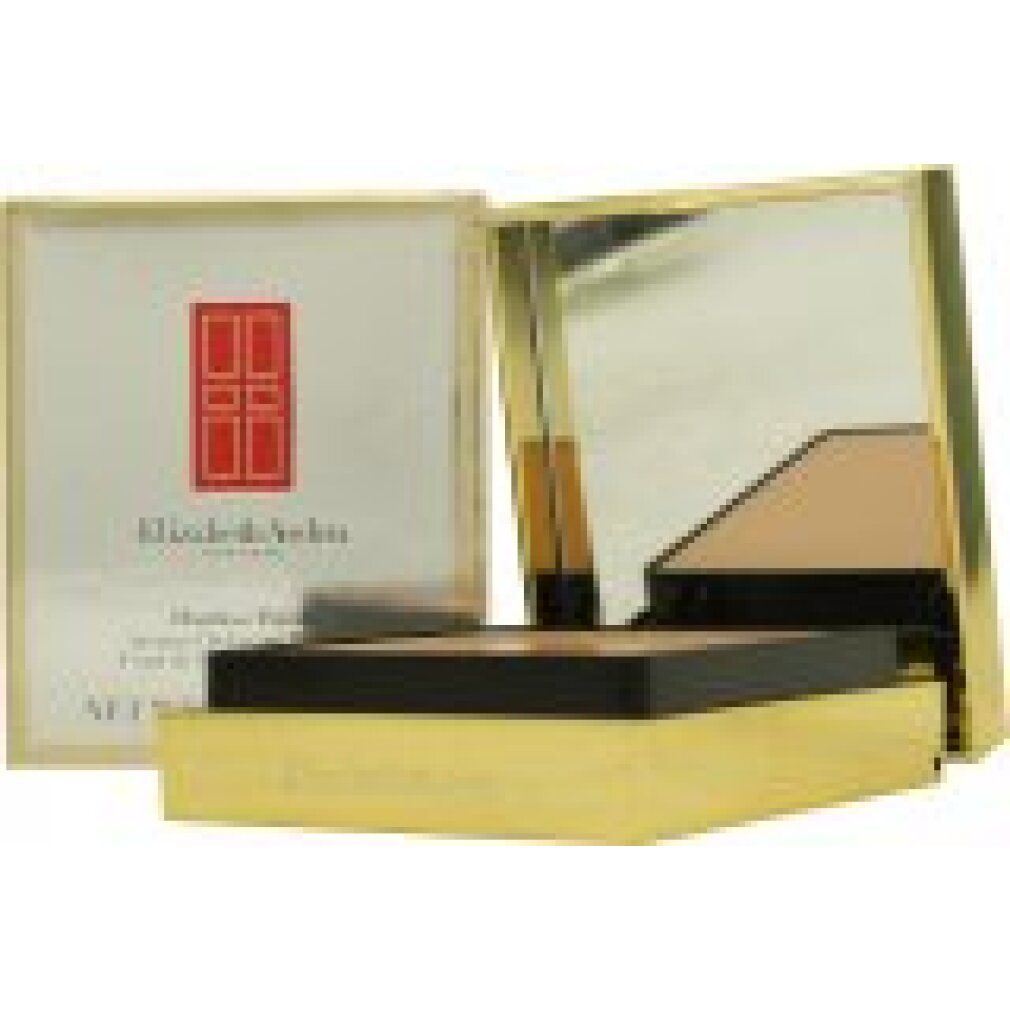 Make-up-Kompaktpuder mit Spiegel und Applikator. Goldfarbene Verpackung mit Produktnamen und Logo. Beige Make-up sichtbar.