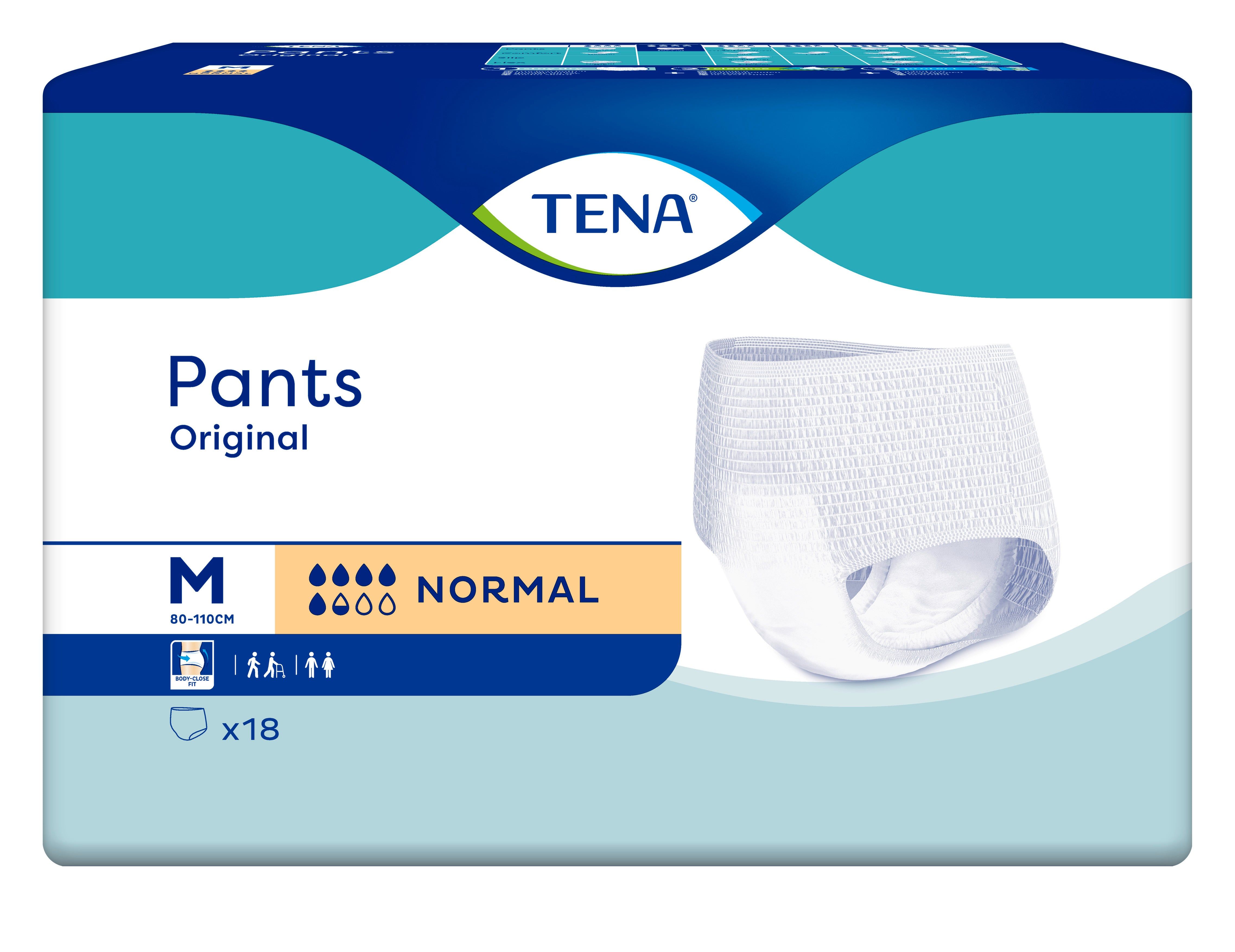 Verpackung von TENA Pants Original. Weiße Pants abgebildet. Produktbezeichnung, Größe M und Saugstärke Normal sind auf der Verpackung angegeben.