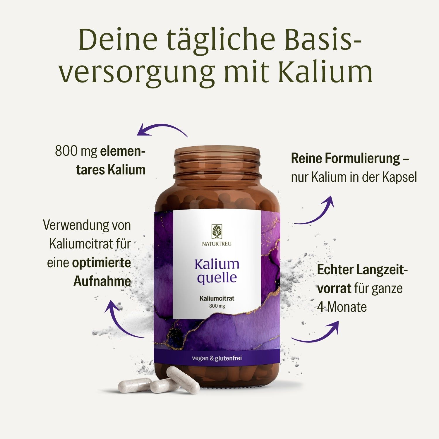 NATURTREU Kaliumquelle Kapseldose mit Informationen zu Inhaltsstoffen und Dosierung.