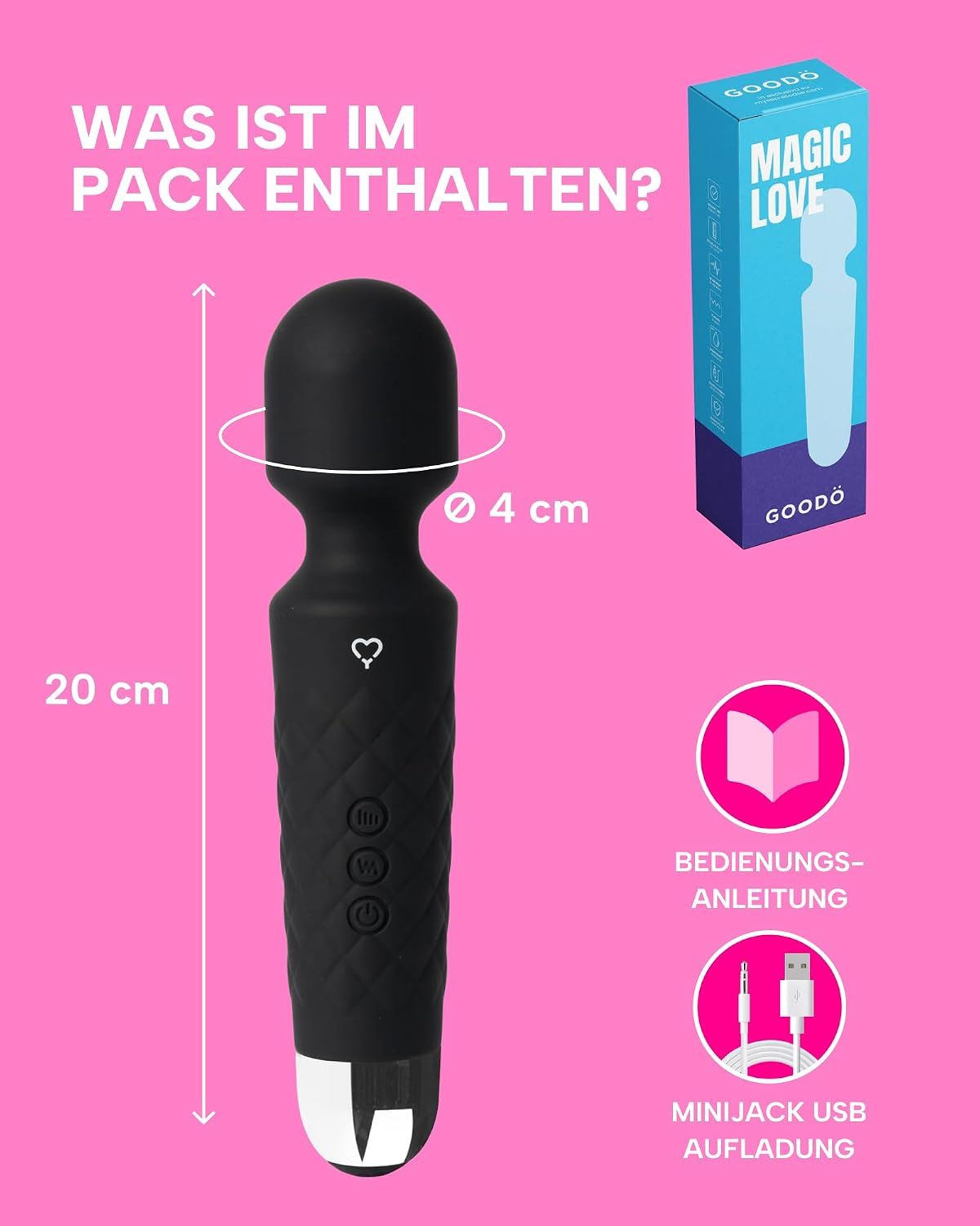 Ein schwarzer Vibrator mit abgerundetem Kopf, 20 Vibrationsmodi und USB-Ladekabel.