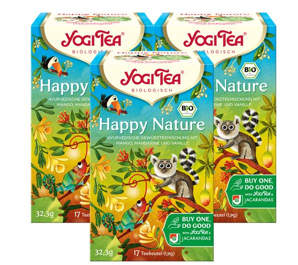 Mehrere Packungen Yogi Tea Happy Nature Bio-Gewürztee. Aufdrucke: Happy Nature, Bio-Siegel, 17 Teebeutel, 32,3g.