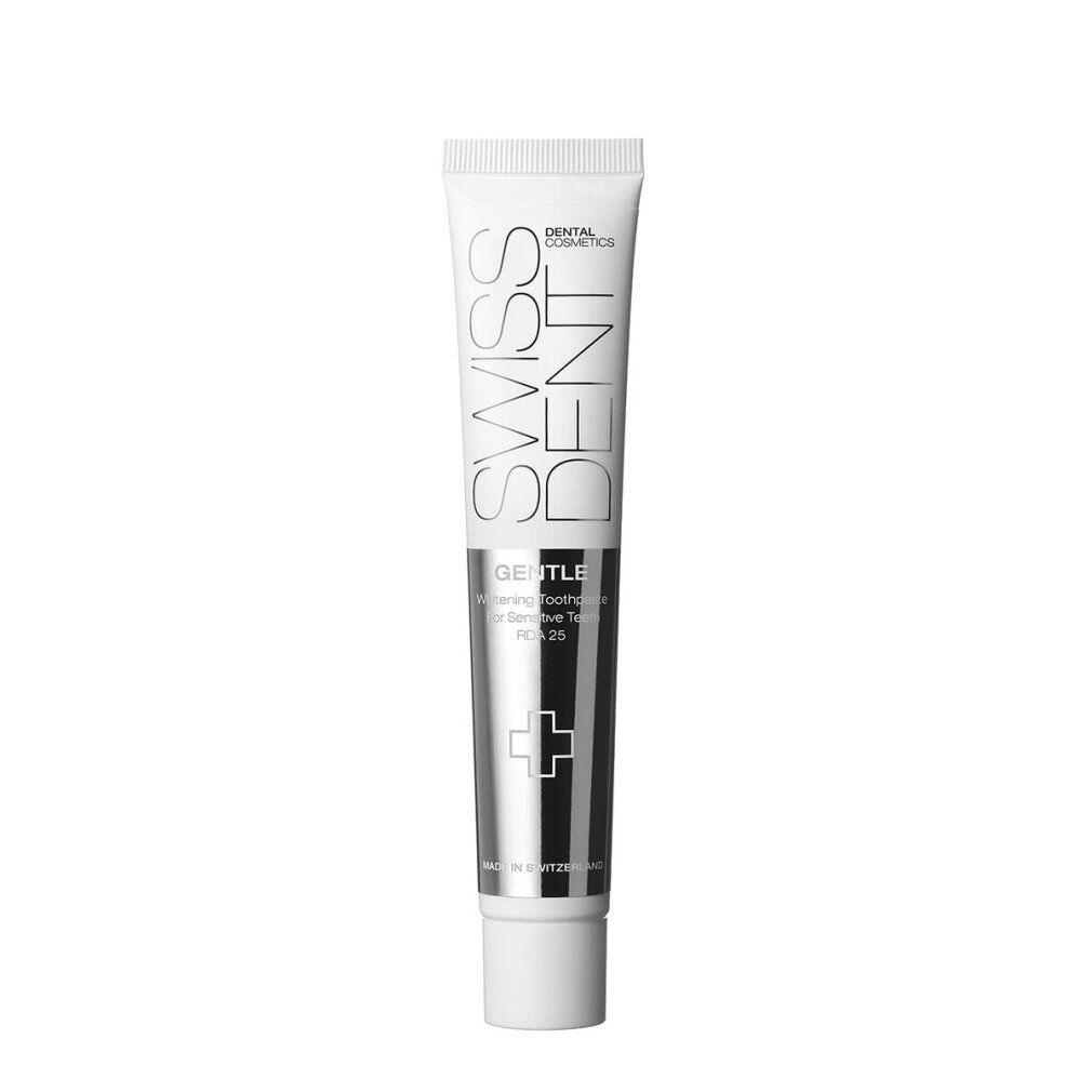 Zahncreme-Tube, weiß-silber. Beschriftung: SWISSDENT, GENTLE. Kreuz-Symbol. Hergestellt in der Schweiz.