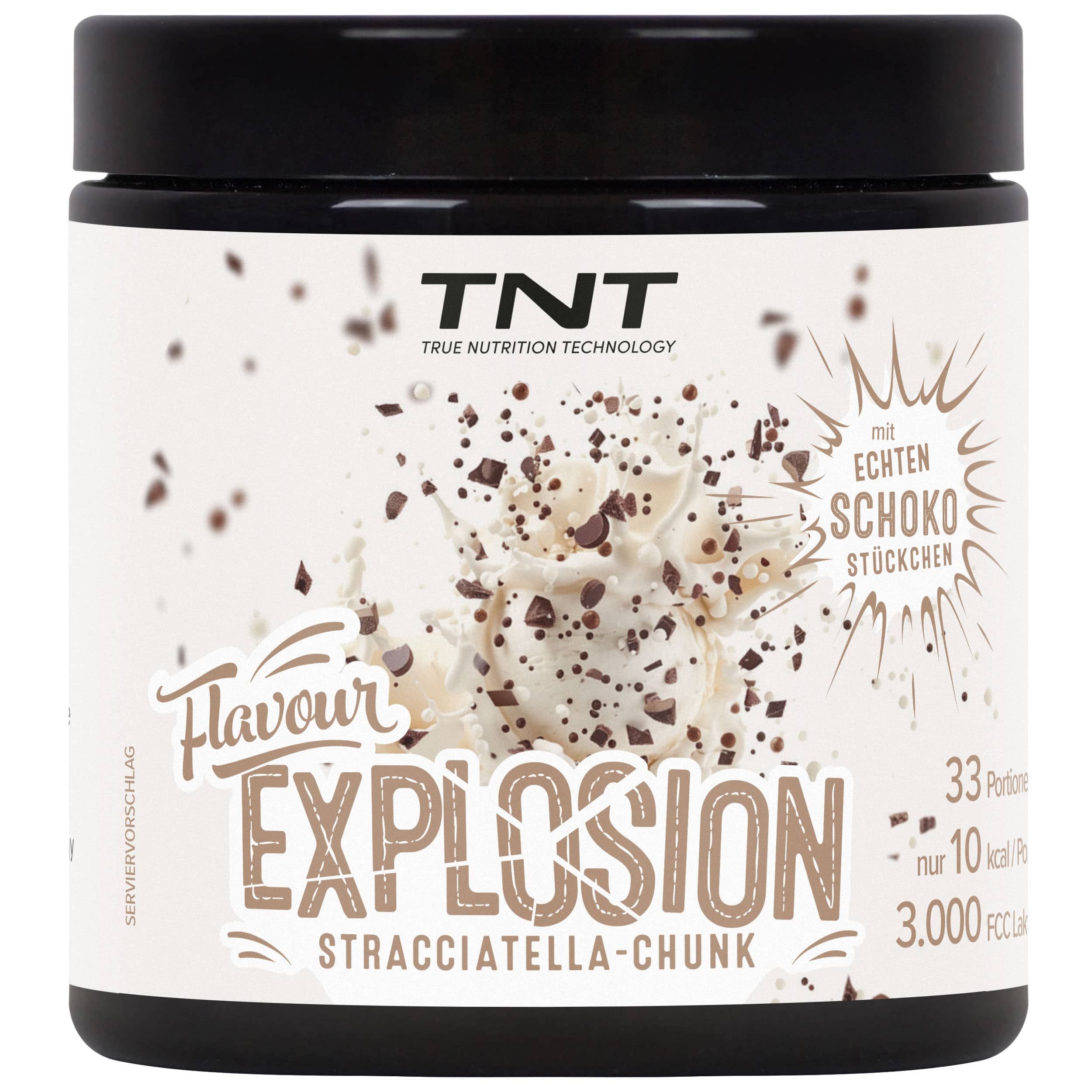 Schwarzer Behälter mit TNT Flavour Explosion Stracciatella Chunk Pulver. Enthält Schokoladenstückchen.