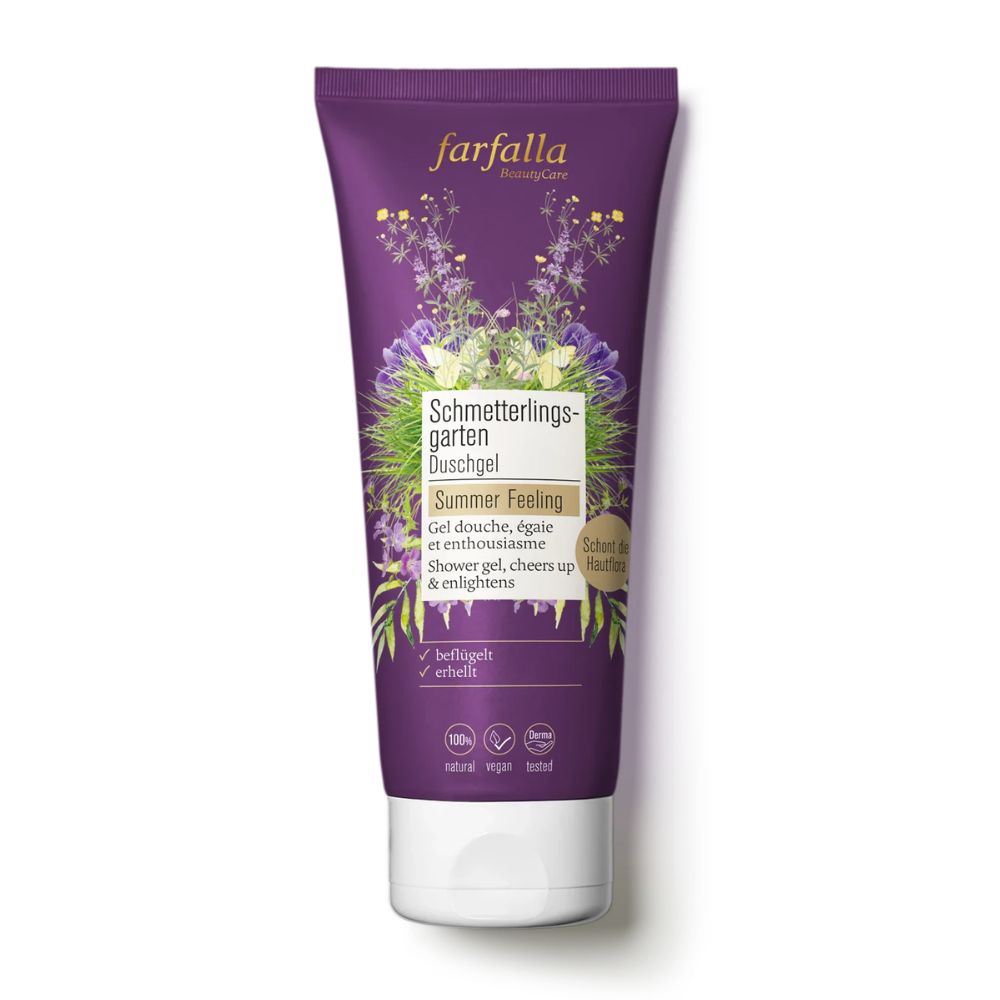 Lila Tube Farfalla Duschgel Schmetterlingsgarten mit floralem Design. "Summer Feeling" auf der Vorderseite.