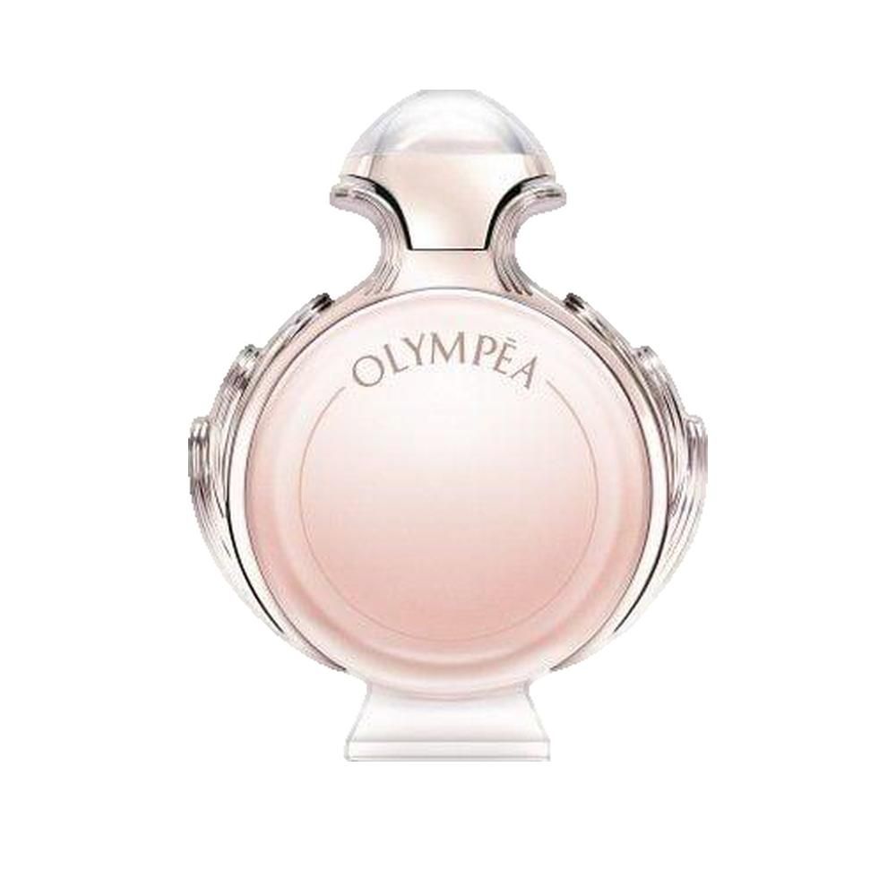 Parfümflakon, rund, hellrosa. Goldfarbene Details. Schriftzug Olympea.