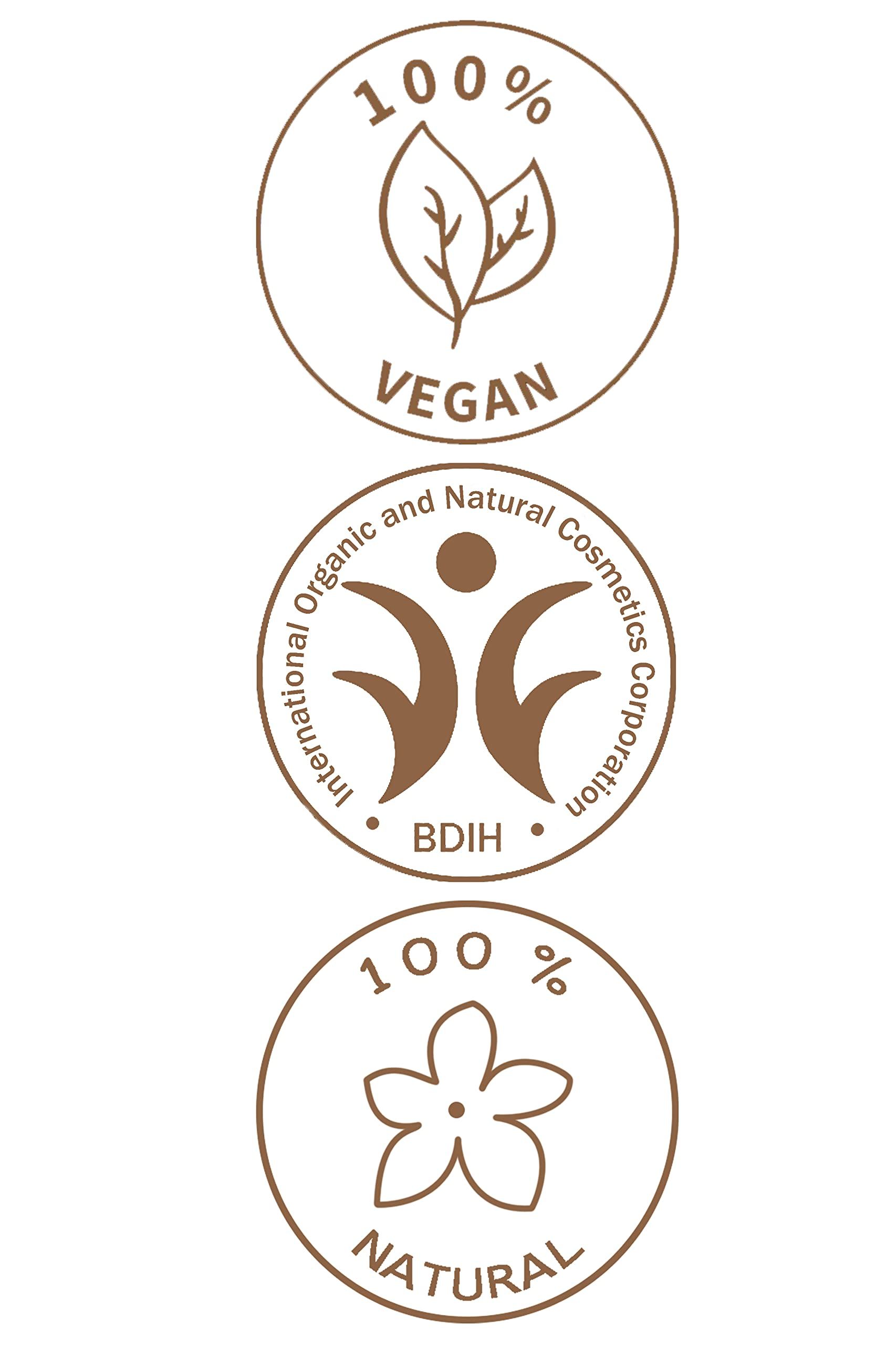 Drei runde Siegel: Vegan-Zertifizierung, BDIH-Siegel für Naturkosmetik, 100% Natural-Zertifizierung.