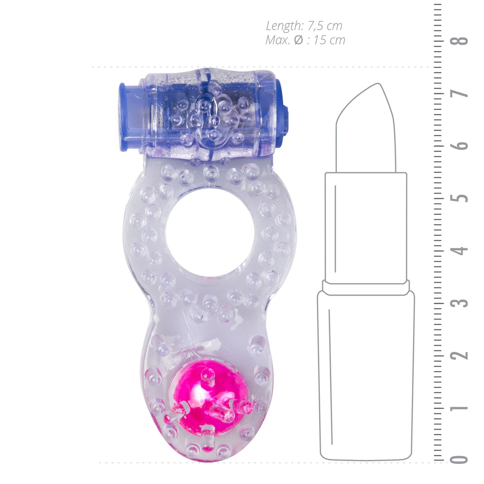 Transparenter Penisring mit rosa und blauen Elementen. Mit Noppen und einem Vibrationsmodul. Größenangabe: 7,5 cm Länge, Ø 15 cm.